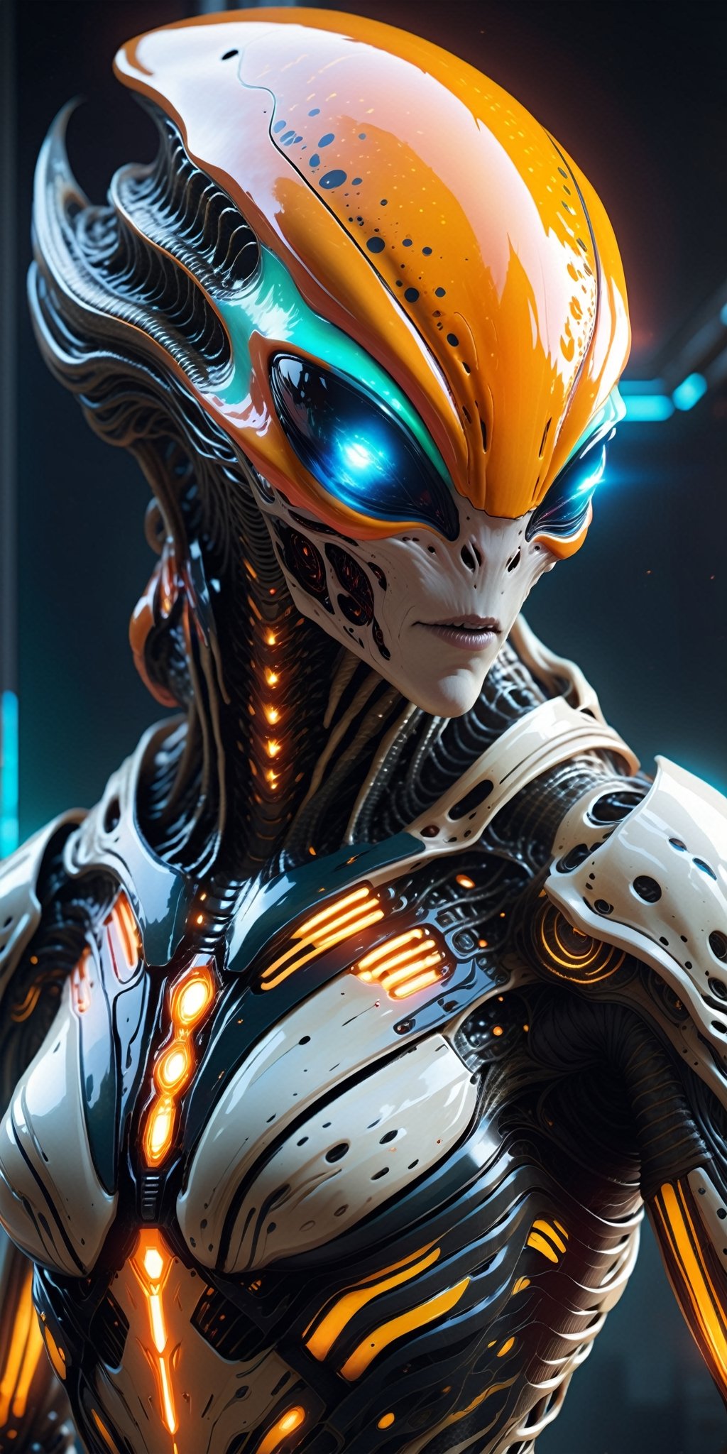 Create a spine-chilling image of an alien creature adorned in Hi-Tech biometric glowing armor, radiating a deadly and intimidating aura. Showcase the alien's otherworldly features and cutting-edge technology, resulting in a mesmerizing and frightening visual narrative.