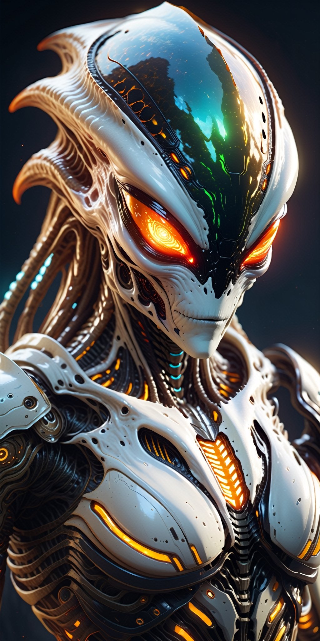 Create a spine-chilling image of an alien creature adorned in Hi-Tech biometric glowing armor, radiating a deadly and intimidating aura. Showcase the alien's otherworldly features and cutting-edge technology, resulting in a mesmerizing and frightening visual narrative.