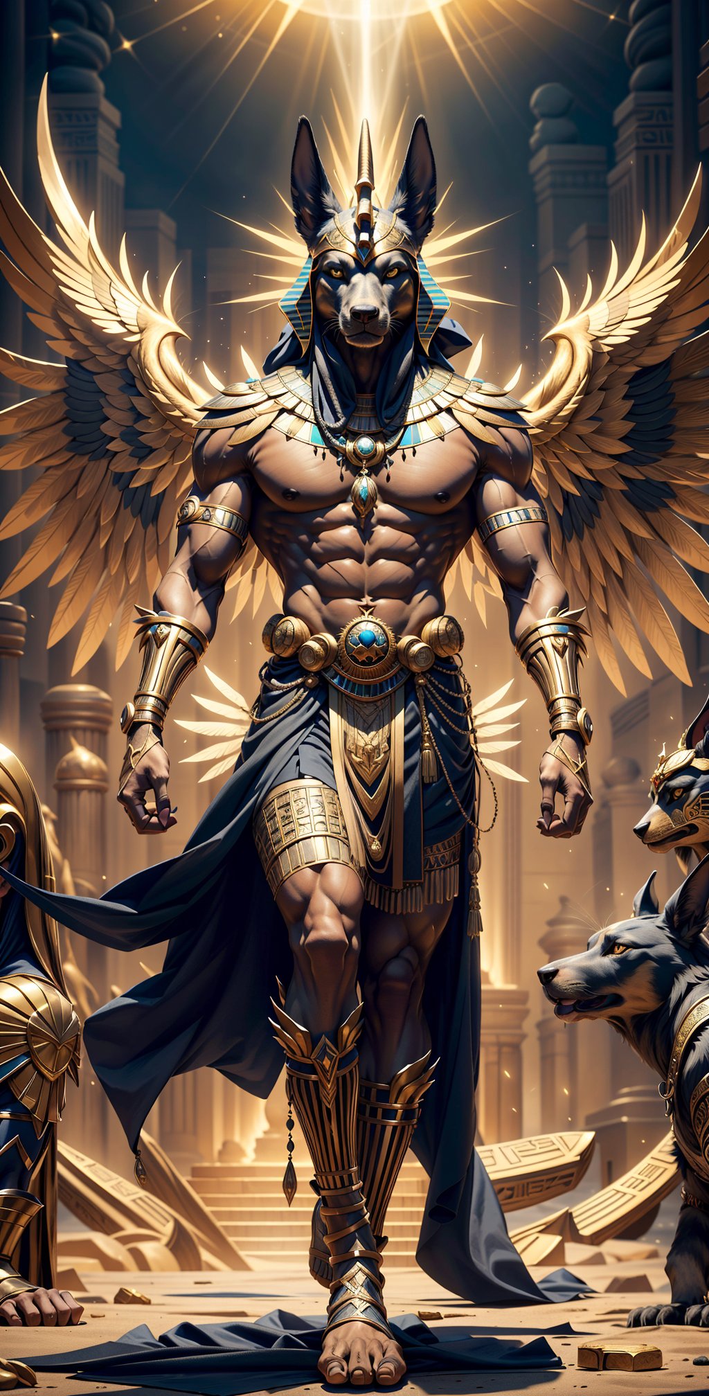"Visualize the majestic Egyptian god Anubis with a muscular physique, his body radiating power. He stands tall with golden wings unfurled, exuding an aura of divine authority and protection.",Cyber_Egypt