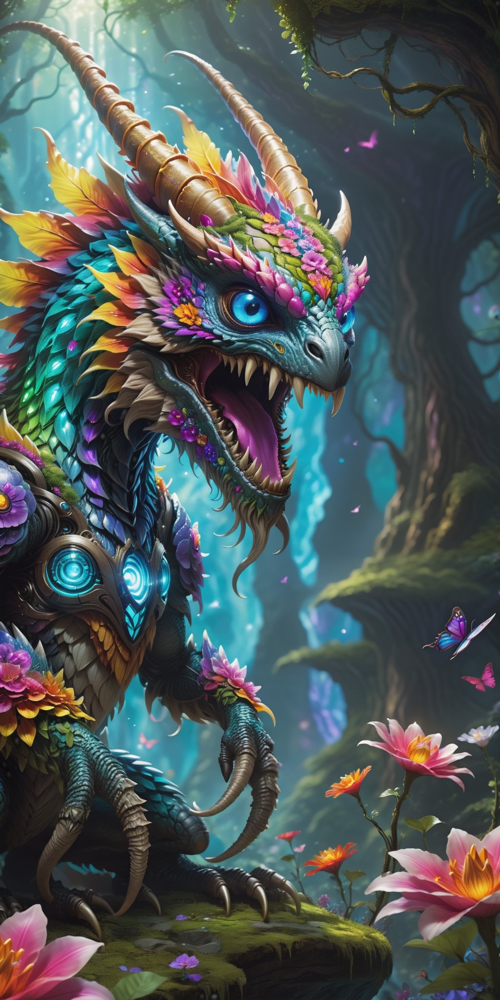 Imagine a mesmerizing scene in a magical fantasy world featuring a super-realistic, glowing biometrical and colorful monster creature. Picture intricate details in its design, capturing the essence of magic. Request a stunning flowery background that enhances the fantasy ambiance. Specify a 32k Ultra HD high-quality image, ensuring every detail is brought to life. Create a masterpiece that transports the viewer into a fantastical realm, filled with the beauty of magical creatures and enchanting elements