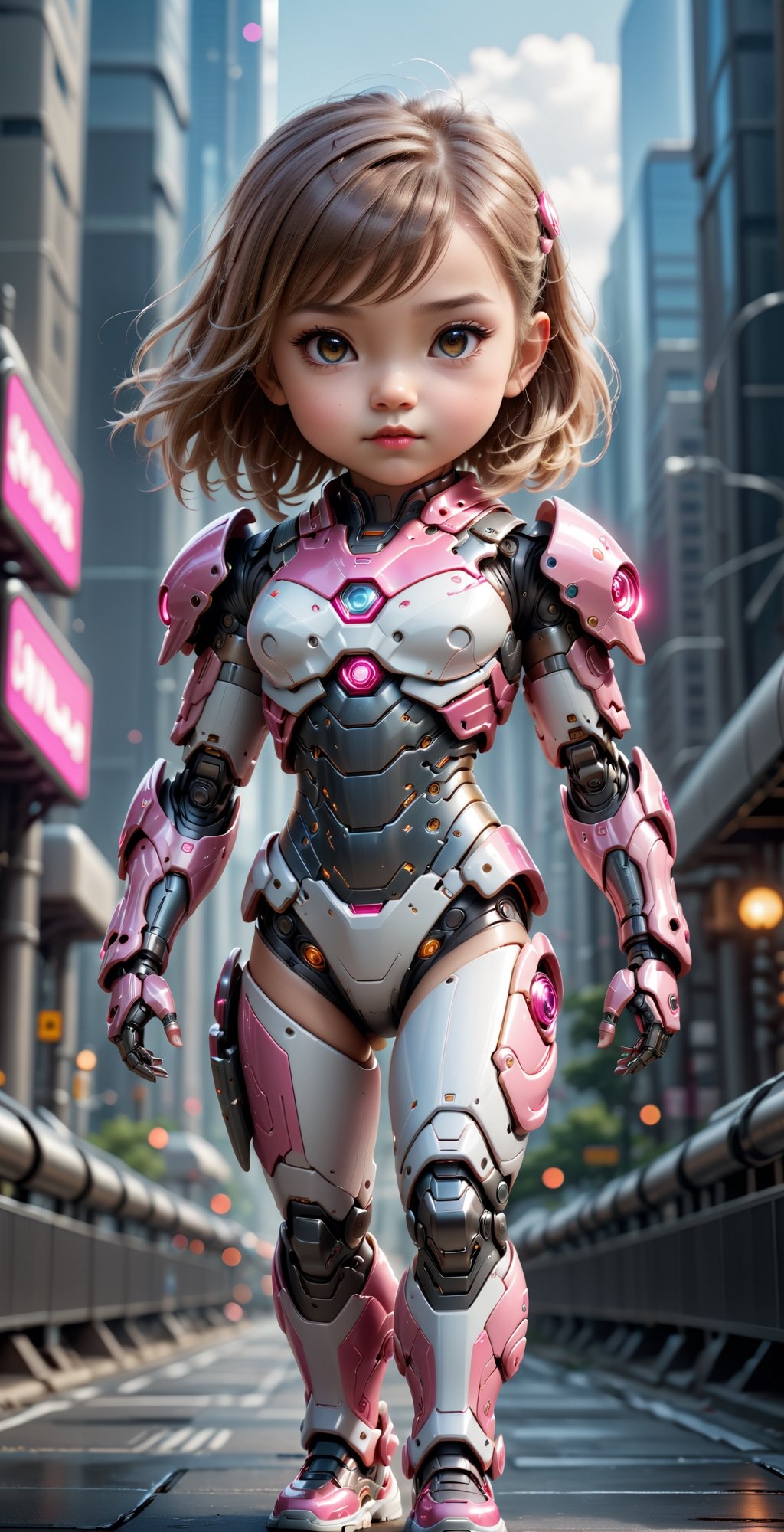  a super cool fantasy style Hi-Tech warrior in glowing pink-white biometrical glass cute little girl chibi-style armor . Envision a sleek, powerful, and cool image with full-body armor, detailed face, eyes, hands, and fingers. Request a photographic cinematic masterpiece in 8k ultra HDR, featuring standing cool and dynamic poses, set against a perfect Hi-Tech super city background, (photographic cinematic super super high detailed super realistic image, 32k ultra HDR high quality image, masterpiece), (Full body muscular cute little girl chibi style Hi-Tech biometrical design Hi-Tech armour), ((standing on dynamic position)), ((high detailed perfect hands and legs footwear)),Movie Still, lightening charge super Hi-Tech armour, ,mecha,cyborg style,detailmaster2,robot