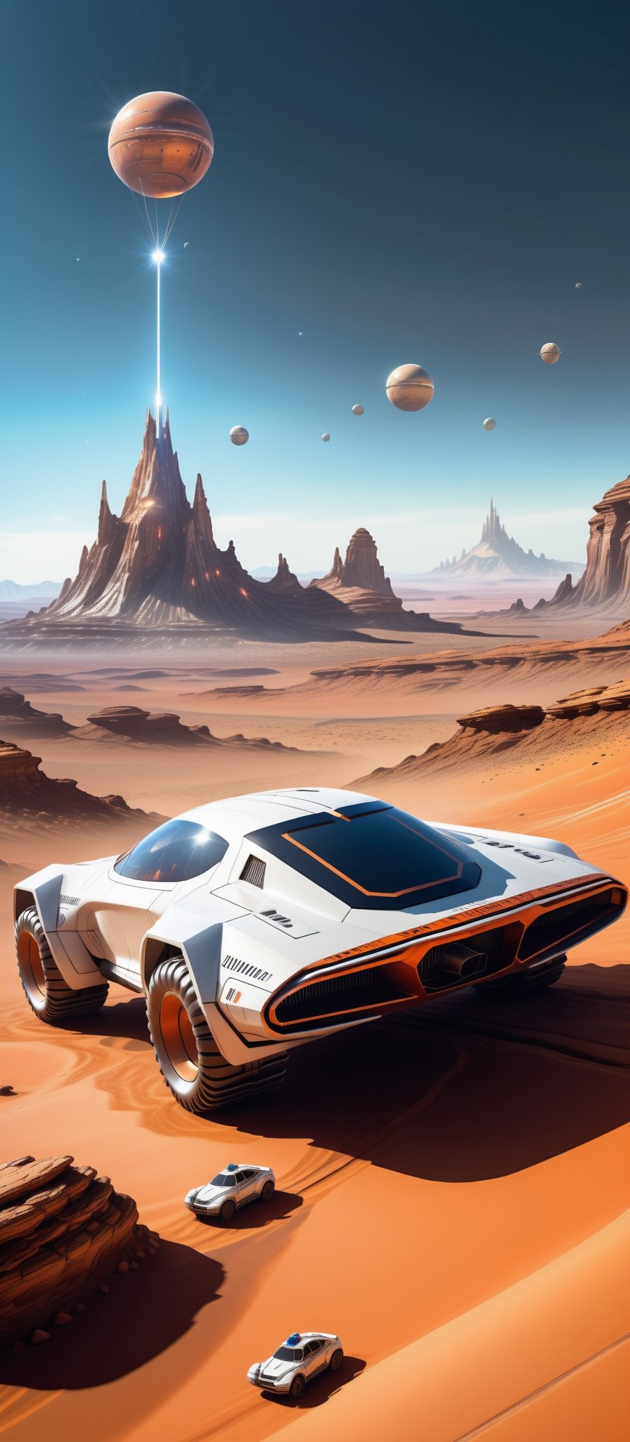 Imagine and create a captivating image of a futuristic space car gracefully traversing the Martian surface. Illuminate this scene with Hi-Tech elements, glowing features, and a super realistic aesthetic. Request a 32k ultra HDR resolution for a high-quality masterpiece that immerses viewers in the marvel of a space vehicle exploring the red planet.