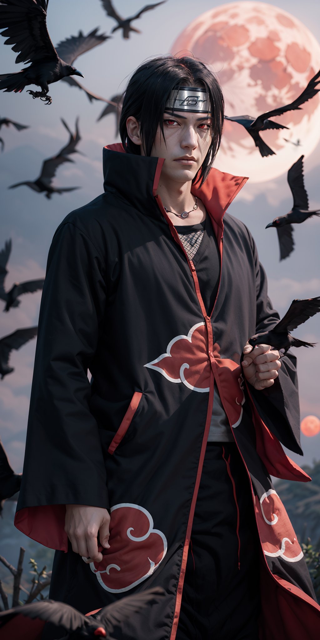 Imagine an extraordinary image featuring Itachi Uchiha, the iconic character from Naruto. Envision him in his Akatsuki outfit, with red eyes, long black hair, a strong physique, and a dynamic pose. Specify a background with a red moon, his ninja headband, and the perfect touch of crows flying. Request meticulous attention to detail in capturing Itachi's strong personality. Aim for a visually stunning composition that encapsulates the essence of Itachi Uchiha in this iconic Naruto setting.