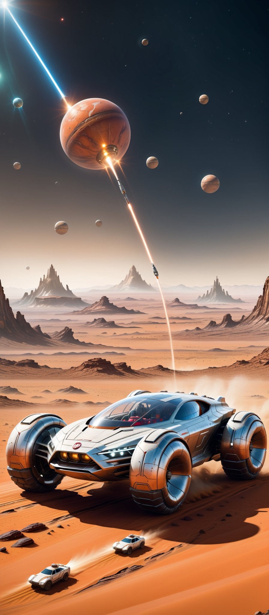 Imagine and create a captivating image of a futuristic space car gracefully traversing the Martian surface. Illuminate this scene with Hi-Tech elements, glowing features, and a super realistic aesthetic. Request a 32k ultra HDR resolution for a high-quality masterpiece that immerses viewers in the marvel of a space vehicle exploring the red planet.