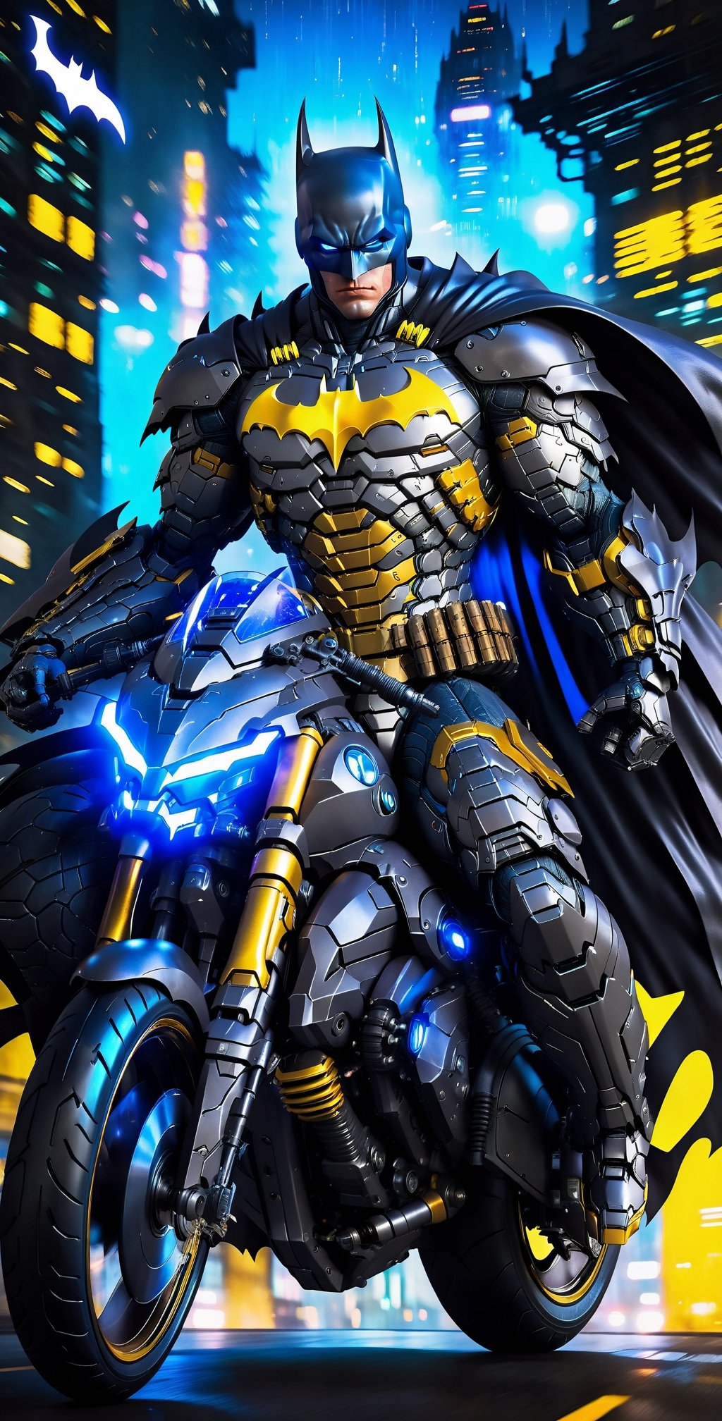 "Create an image of Batman donning a cutting-edge, Hi-Tech armor suit that emanates a blue and yellow glow from within. Accompany him with a custom cyber motorbike designed in a cyberpunk style, merging futuristic aesthetics with the iconic Batman elements."