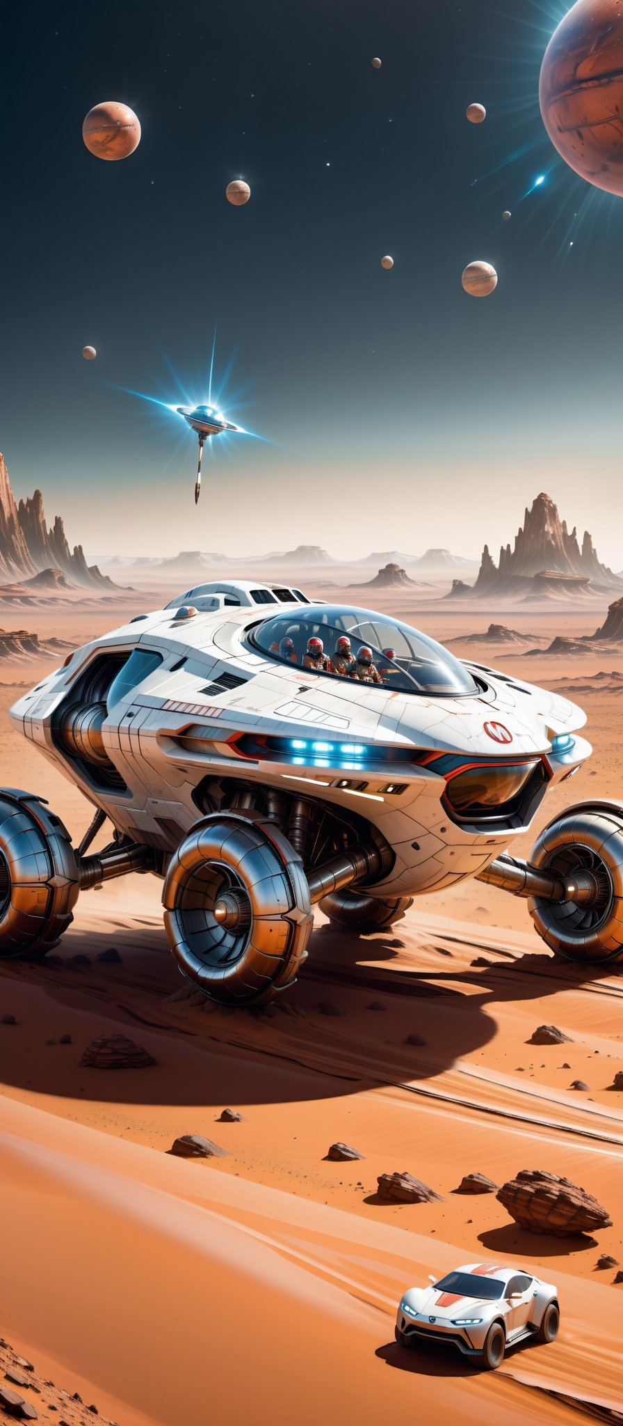 Imagine and create a captivating image of a futuristic space car gracefully traversing the Martian surface. Illuminate this scene with Hi-Tech elements, glowing features, and a super realistic aesthetic. Request a 32k ultra HDR resolution for a high-quality masterpiece that immerses viewers in the marvel of a space vehicle exploring the red planet.