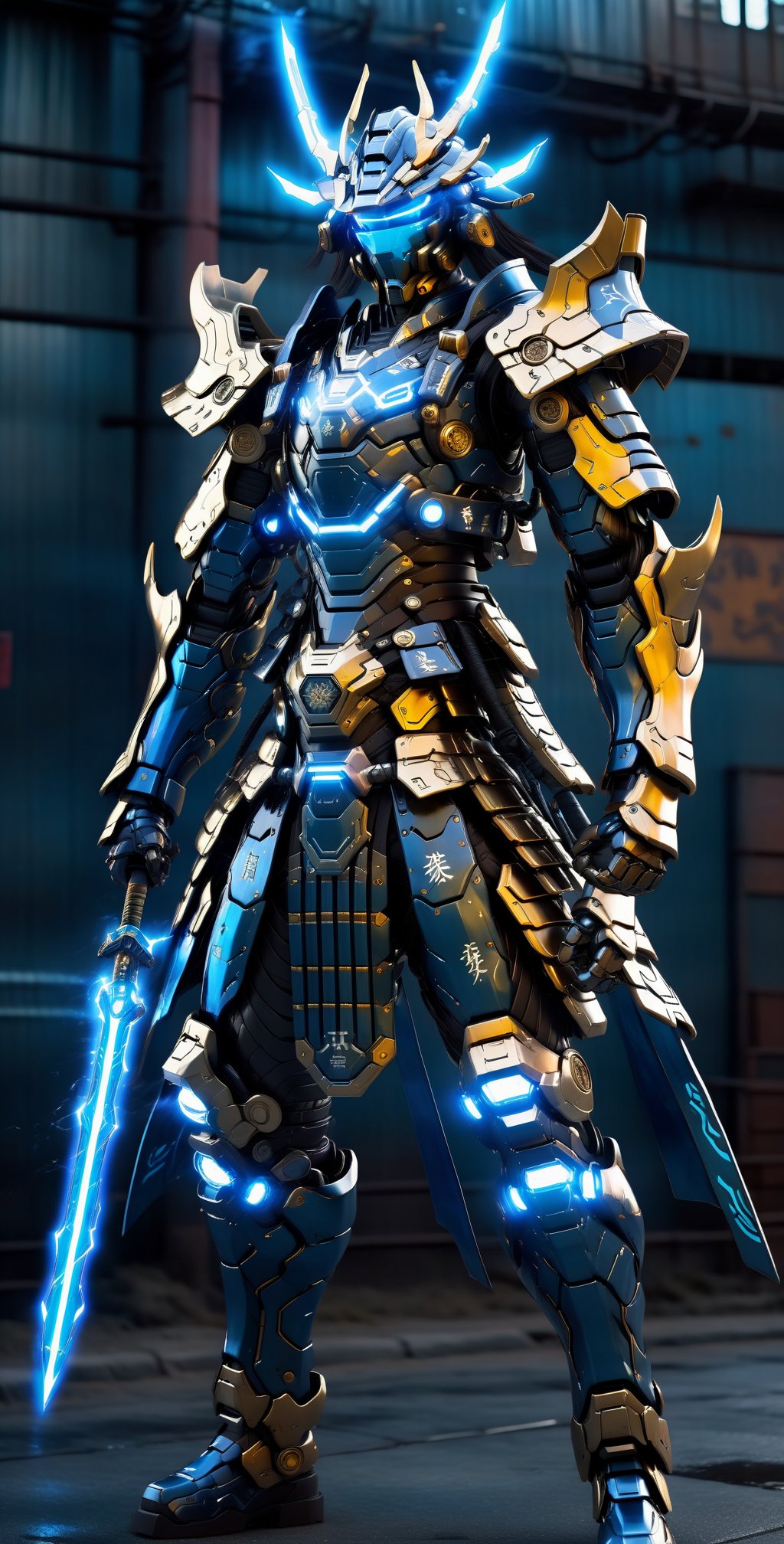 A Hi-Tech cyberpunk style blue black samurai suit, Custom design, shining body, glowing look, full shining suit, body, hues.,steampunk style,cyberpunk style,mecha, perfect custom Hi-Tech suit, holding glowing lightning sword, weapon master, 