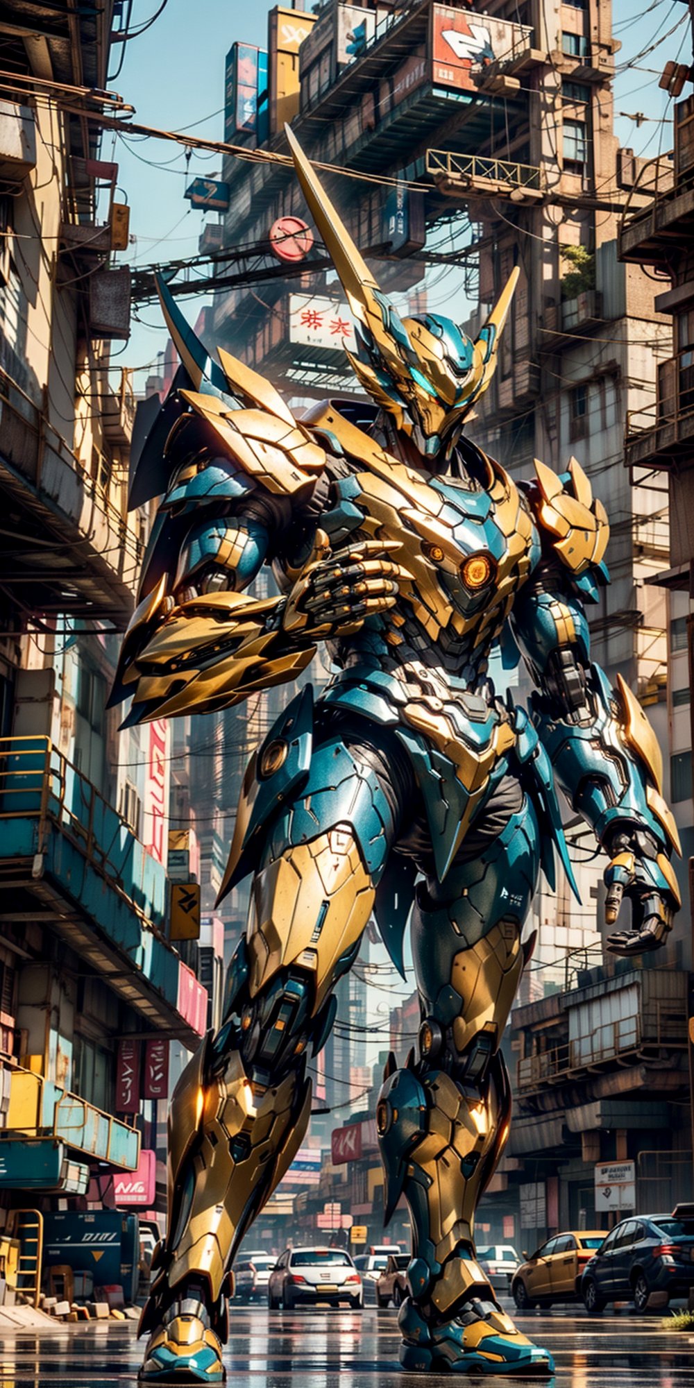 In the neon-lit streets of a cyberpunk metropolis, a Hi-Tech swordsman emerges as a beacon of futuristic prowess. Encased in a robotic suit of red and blue armor, he stands within a pulsating cocoon of yellow luminescence. The armor's intricate details reflect the advanced technology that defines this world.

At his side, a custom cyber-style sword gleams with an otherworldly radiance, its blade a fusion of artistry and advanced engineering. The streets behind him are awash in the vibrant glow of neon signs and holographic advertisements, painting a vivid backdrop to his enigmatic presence.

The image captures every gleam and glint in astonishing 4K Ultra HDR quality, enhancing the fine details of the cybernetic armor and the interplay of light and shadow in the urban setting. This scene encapsulates the essence of cyberpunk's high-tech aesthetics, delivering an image that seamlessly marries advanced technology with cutting-edge style.