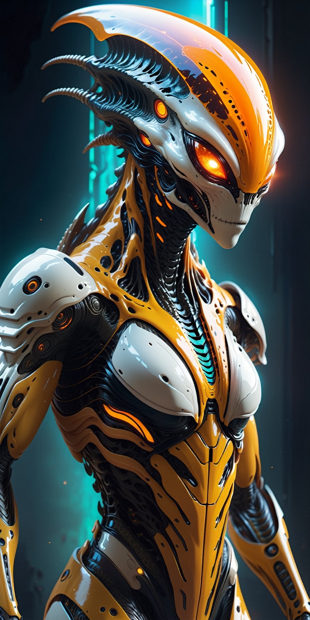 Create a spine-chilling image of an alien creature adorned in Hi-Tech biometric glowing armor, radiating a deadly and intimidating aura. Showcase the alien's otherworldly features and cutting-edge technology, resulting in a mesmerizing and frightening visual narrative. ((Full body)), 