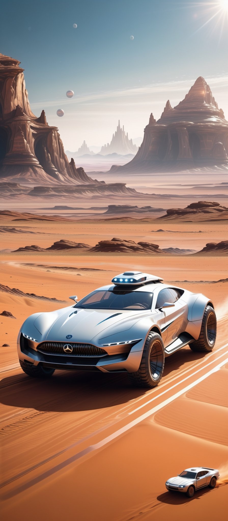 Imagine and create a captivating image of a futuristic space car gracefully traversing the Martian surface. Illuminate this scene with Hi-Tech elements, glowing features, and a super realistic aesthetic. Request a 32k ultra HDR resolution for a high-quality masterpiece that immerses viewers in the marvel of a space vehicle exploring the red planet.