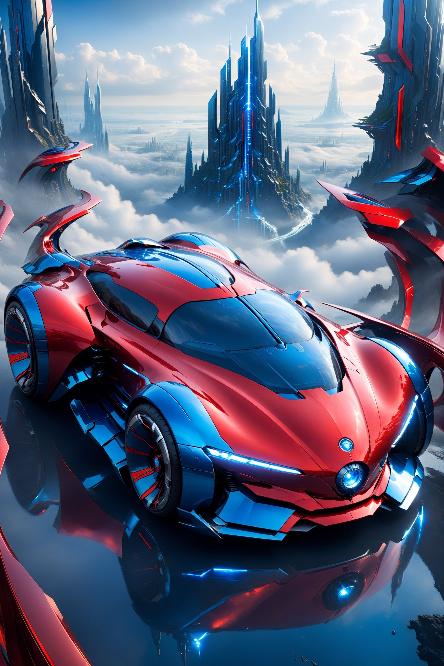  a super hi-tech red blue car in a fantasy world style:

"Create a breathtaking image of a super hi-tech car with an armored, futuristic appearance, resembling something out of a fantasy world. Capture the car from a high angle to showcase its impressive design. The car should have a shiny, metallic armor-like exterior, exuding a sense of power and sophistication. Place this extraordinary vehicle against a backdrop that complements its hi-tech nature, whether it's a futuristic cityscape, a mystic realm, or any other element that enhances the fantasy world style. The final image should be a captivating fusion of advanced technology and fantasy aesthetics."