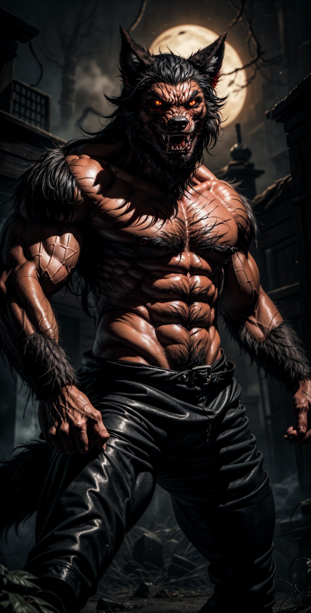 Create an eerie scene featuring a menacing, heavily-muscled werewolf. The werewolf stands tall, its body radiating power and aggression. Its eyes burn with an angry intensity as it snarls, revealing a row of sharp, glistening teeth. Long, deadly claws extend from its fingers, ready to strike. The creature's mouth drips with saliva, adding to the sense of danger. Place the werewolf in a horror-themed background, surrounded by shadows and an air of foreboding.",perfecteyes