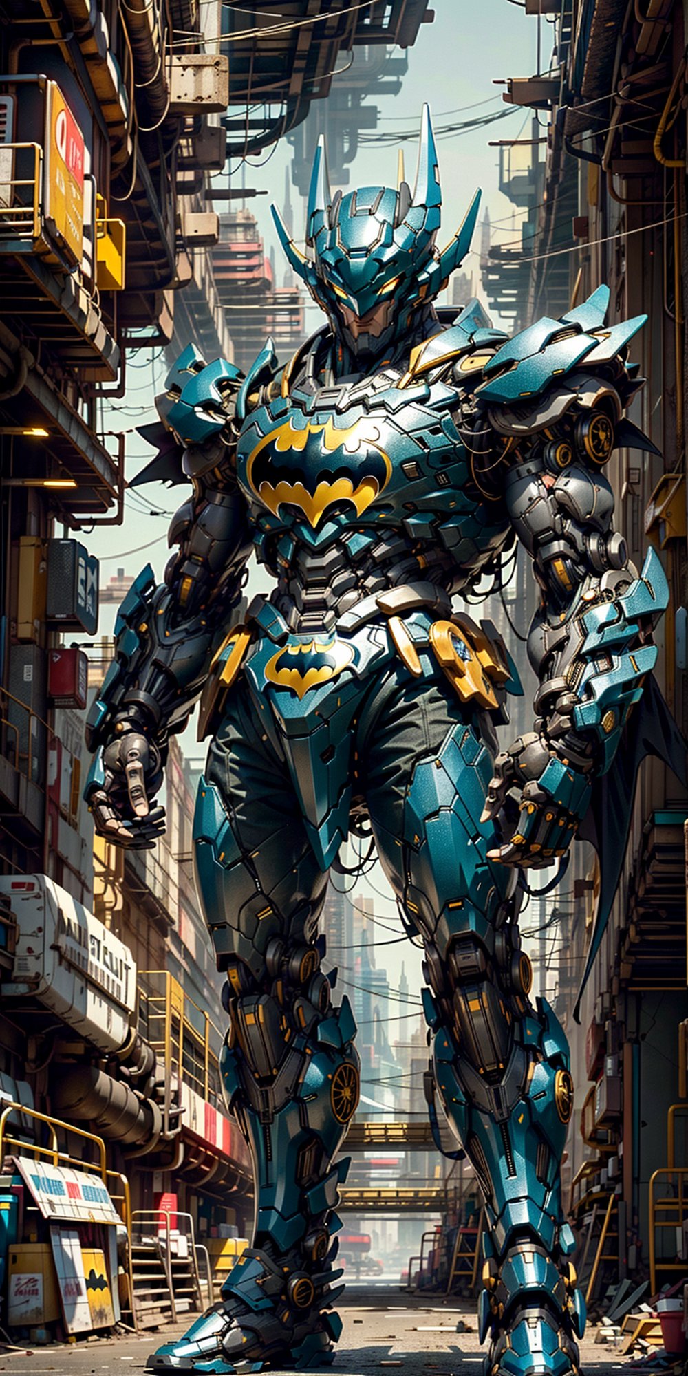 In the neon-lit streets of a cyberpunk metropolis, a Hi-Tech swordsman emerges as a beacon of futuristic prowess. Encased in a robotic suit of red and blue armor, he stands within a pulsating cocoon of yellow luminescence. The armor's intricate details reflect the advanced technology that defines this world.

At his side, a custom cyber-style sword gleams with an otherworldly radiance, its blade a fusion of artistry and advanced engineering. The streets behind him are awash in the vibrant glow of neon signs and holographic advertisements, painting a vivid backdrop to his enigmatic presence.

The image captures every gleam and glint in astonishing 4K Ultra HDR quality, enhancing the fine details of the cybernetic armor and the interplay of light and shadow in the urban setting. This scene encapsulates the essence of cyberpunk's high-tech aesthetics, delivering an image that seamlessly marries advanced technology with cutting-edge style.,mecha musume,robot, (blurry background), (high detailed image HDR quality), (32k HDR resolution quality), realistic mecha suit armour, (((Batman style mecha armour)))