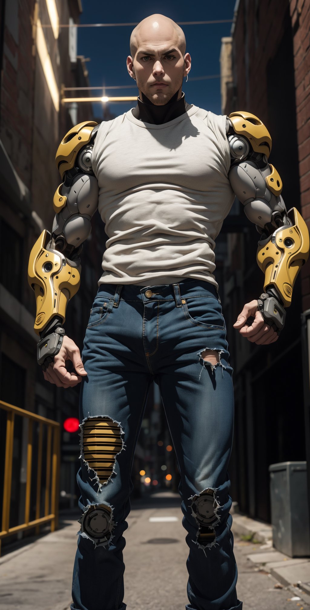 Genos(one punch man), mechanical cyborg, average human height. His face and ears look like that of a normal human, made of artificial skin, and his eyes have black sclera with yellow irises. He has spiky blond hair and his eyebrows are blond (one punch man anime)., Tank top, denim pants, glowing body, fighting stand, punching a wall, 