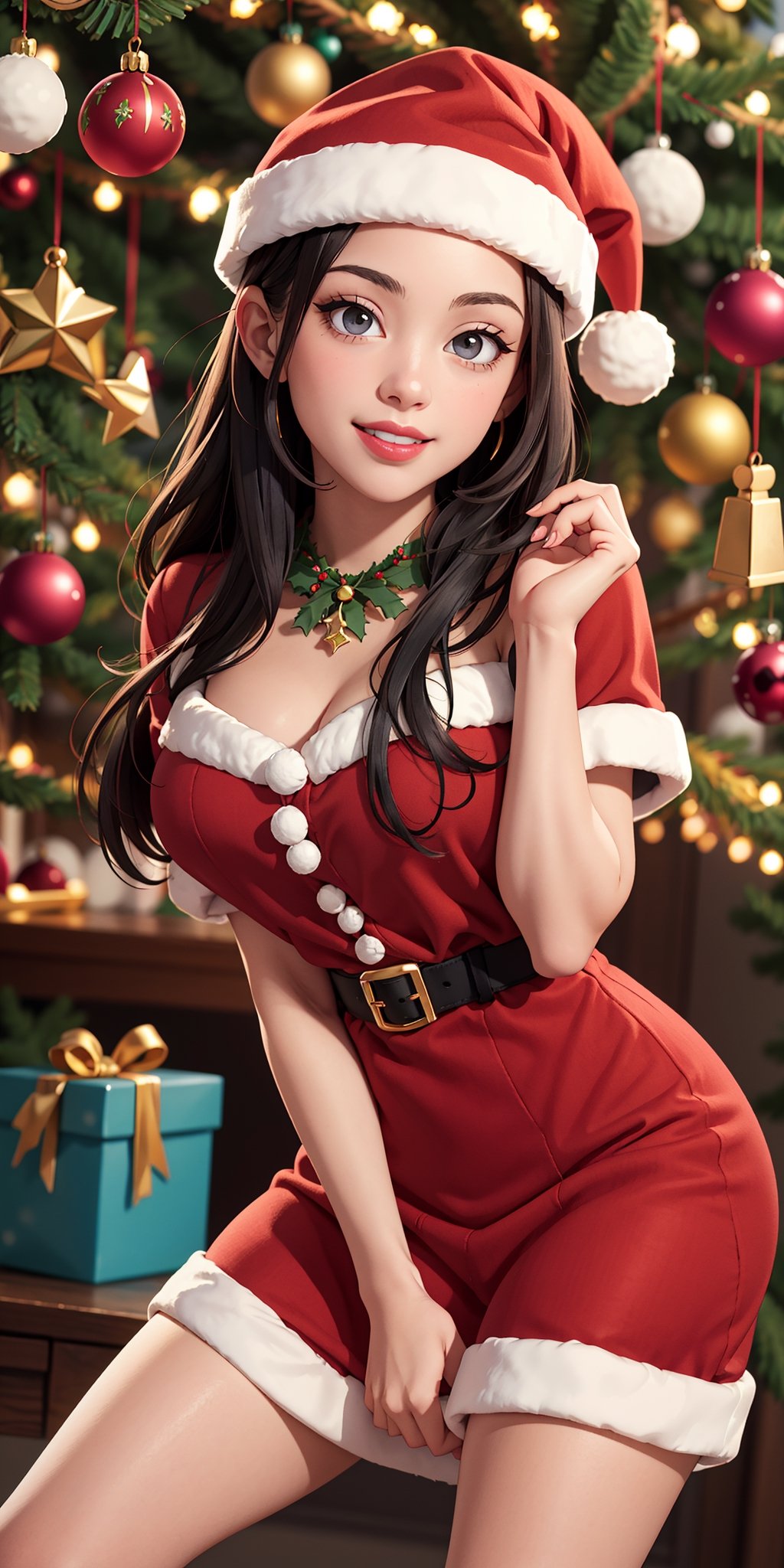 A beautiful girl, with beautiful black eyes, black hair, parted lips, smile, makeup, lipstick, cheerful personality, wearing Christmas style beautiful red dress, hat, boots, looking at viewer, beautiful Christmas background, detailed face, detailed eyes, detailed hands and fingers, photo realistic, super high detailed, super realistic image, 16k ultra HDR high resolution image, masterpiece,