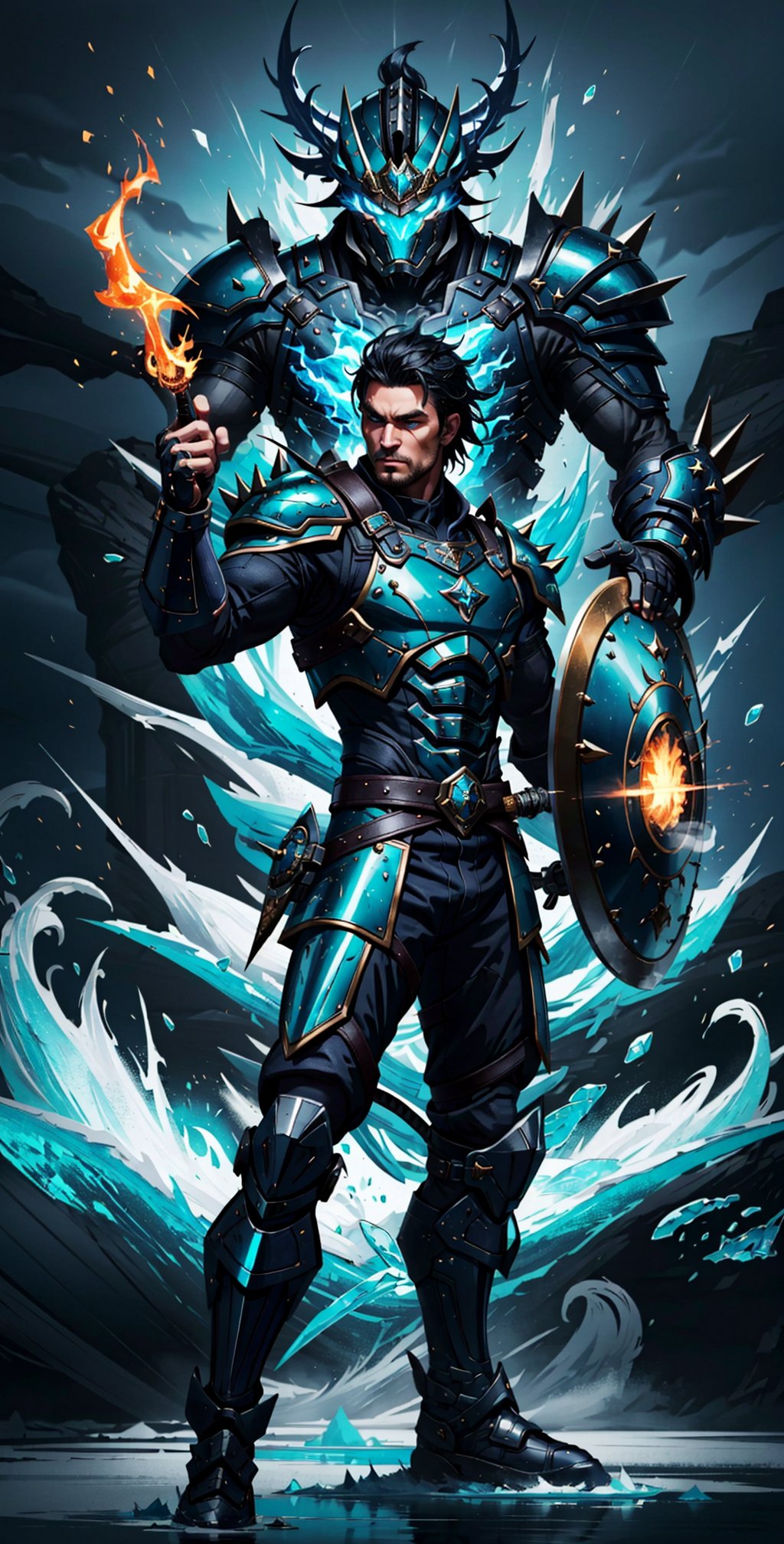 Create an image of a warrior donning leather armor that accentuates his lithe yet muscular form. His stance exudes readiness as he grips a shield and sword, prepared for battle. His spiky black hair adds a touch of wildness to his look, while his aqua blue eyes gleam with intensity. The air around him crackles with both fire and ice magic, his outstretched hand emanating flames and frost. His sword, an embodiment of magical prowess, gleams with enchantment. Capture the fusion of fire and ice elements in the surrounding environment to amplify the visual impact."