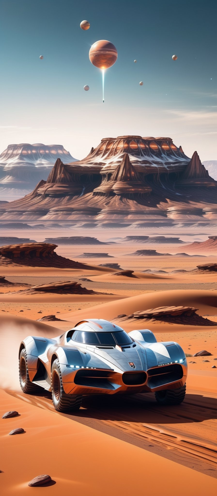 Imagine and create a captivating image of a futuristic space car gracefully traversing the Martian surface. Illuminate this scene with Hi-Tech elements, glowing features, and a super realistic aesthetic. Request a 32k ultra HDR resolution for a high-quality masterpiece that immerses viewers in the marvel of a space vehicle exploring the red planet.