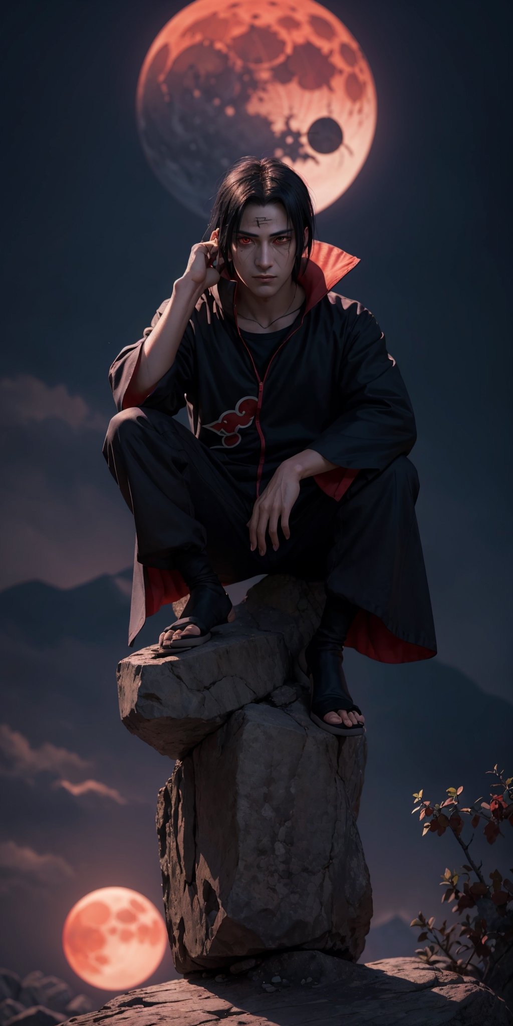 Visualize a mesmerizing scene featuring Itachi Uchiha seated stylishly on a rock against a night backdrop with a red moon. Request a 32k Ultra HDR high-quality image masterpiece, highlighting the cool and iconic essence of Itachi. Emphasize meticulous details in his posture, surroundings, and a crow perched on his shoulder. Aim for perfection in his high detailed face, glowing red eyes, and the overall setting, creating a visually stunning composition that captures the enigmatic character of Itachi Uchiha in this striking and atmospheric scene.