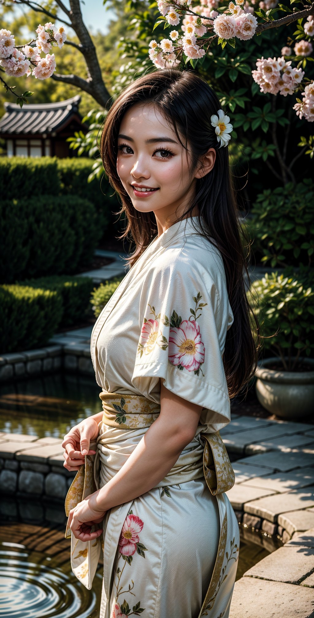 "Craft an image of a stunning Japanese woman with fair white skin, her beautiful eyes shining brightly, and a heartwarming smile. She should be dressed in a white kimono adorned with flower prints, gracefully tending to a garden as she waters the flowers, her long hair adding to the serene scene." (Photographic realistic masterpiece HDR high quality image) ,1 women,,,