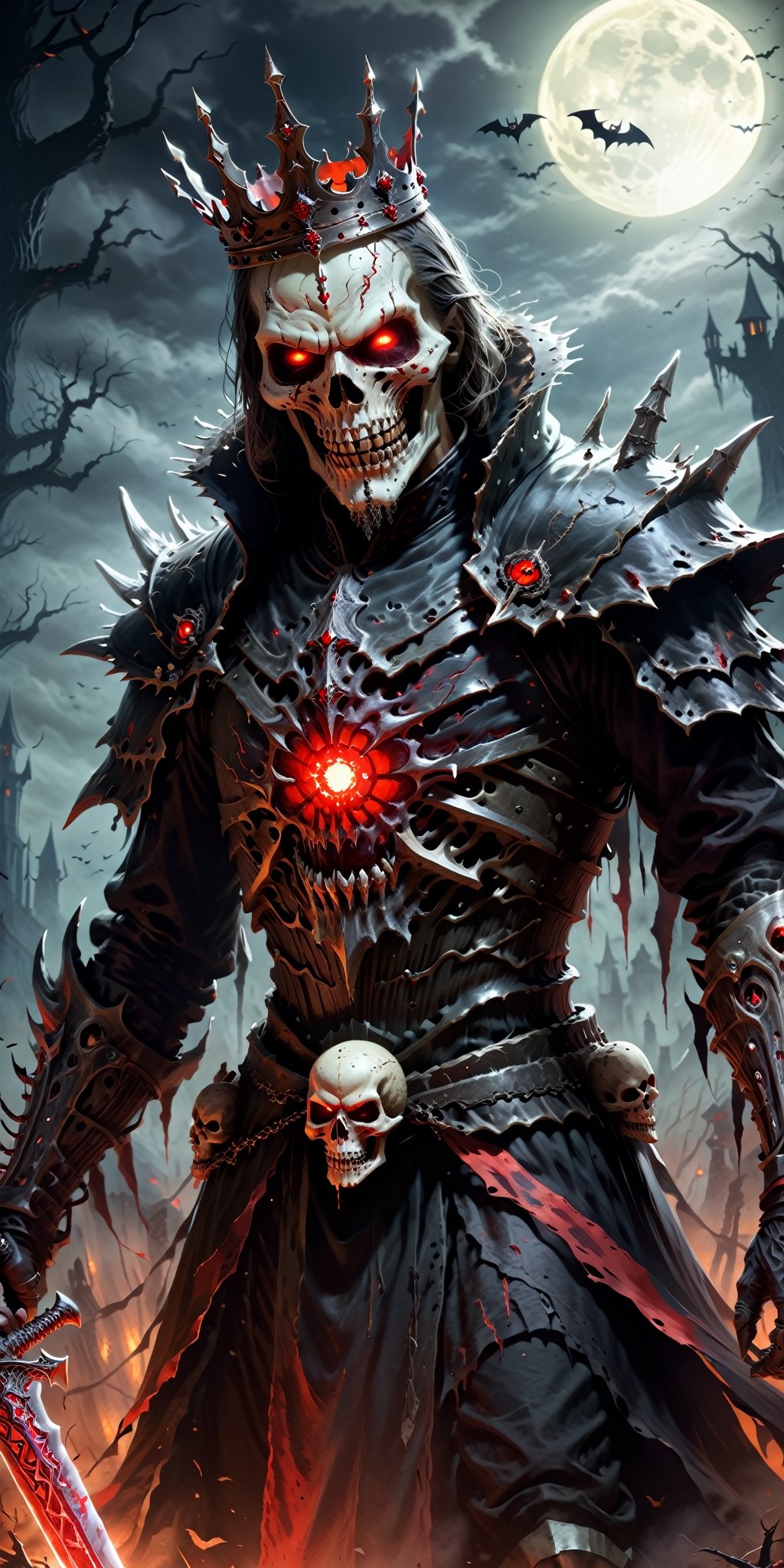 Craft a Halloween-style fantasy world image featuring a terrifying undead king with a skull face and glowing red eyes. Envision the king adorned in torn black and red dark clothes, wielding a deadly, sinister spiky weapon. Specify a dark fantasy-style atmosphere with chilling details, capturing the sinister essence of this undead monarch. Request a visually striking composition that blends the elements of horror and fantasy, creating a haunting masterpiece perfect for the Halloween theme