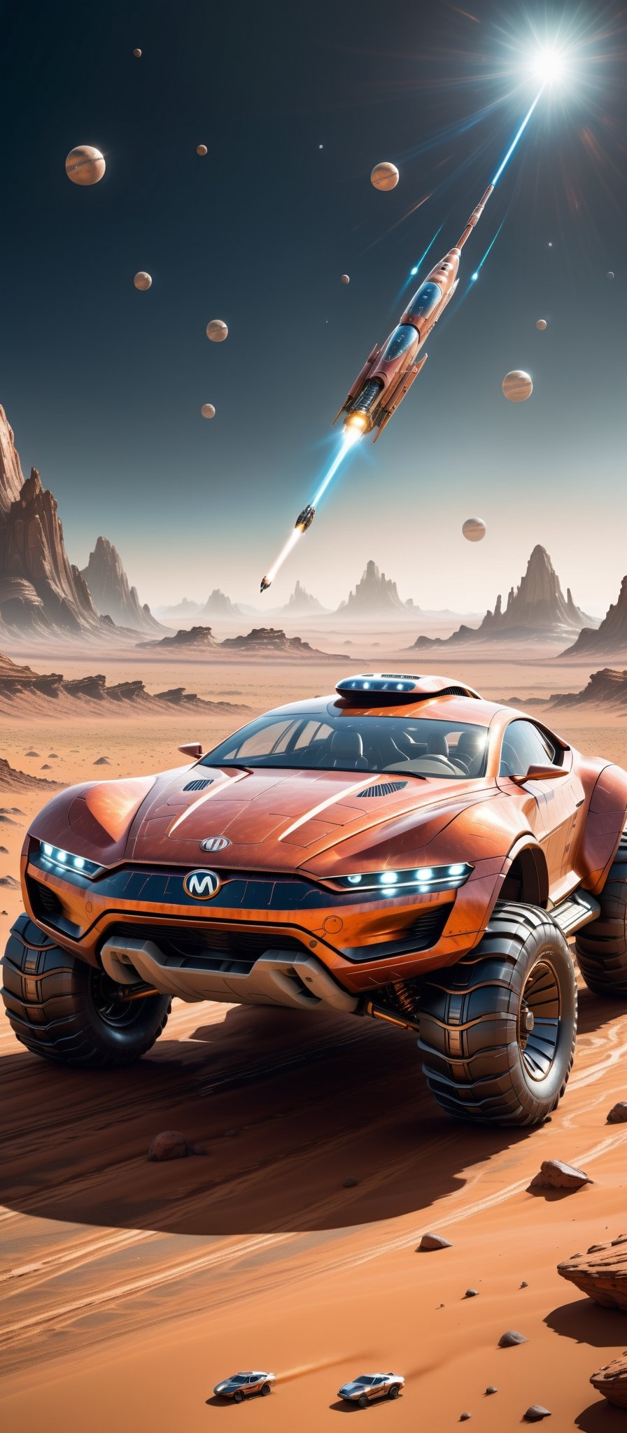 Imagine and create a captivating image of a futuristic space car gracefully traversing the Martian surface. Illuminate this scene with Hi-Tech elements, glowing features, and a super realistic aesthetic. Request a 32k ultra HDR resolution for a high-quality masterpiece that immerses viewers in the marvel of a space vehicle exploring the red planet.