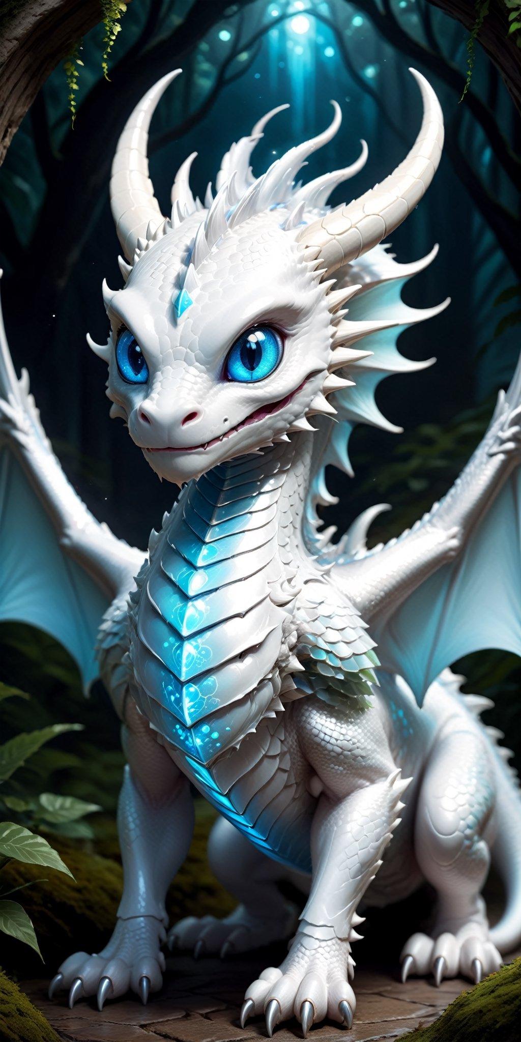 Craft an enchanting fantasy scene featuring a beautiful silver-white biometric dragon with glowing, shiny biometrical features. Imagine captivating blue eyes and impressive glass horns. Place this majestic creature in a fantasy-style background that complements its ethereal beauty, aiming for a visually striking image with intricate details and a magical atmosphere.,cute little dragon