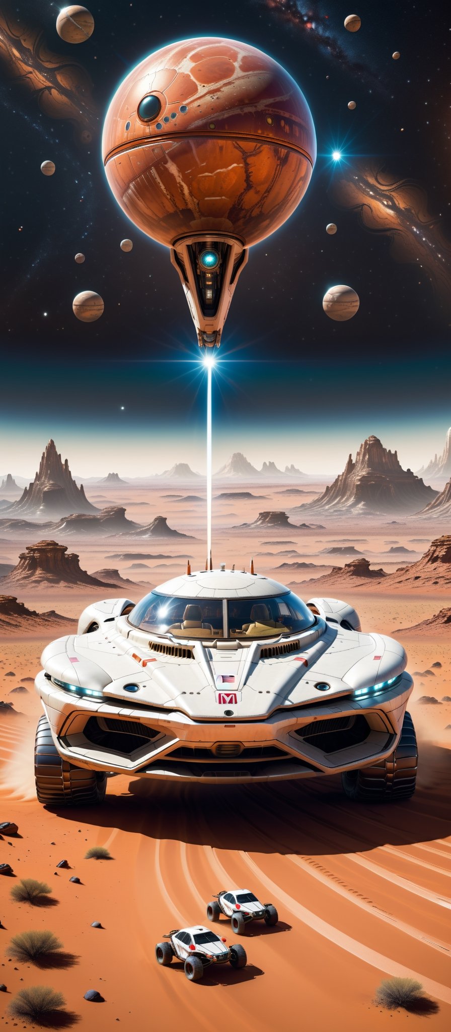 Imagine and create a captivating image of a futuristic space car gracefully traversing the Martian surface. Illuminate this scene with Hi-Tech elements, glowing features, and a super realistic aesthetic. Request a 32k ultra HDR resolution for a high-quality masterpiece that immerses viewers in the marvel of a space vehicle exploring the red planet.