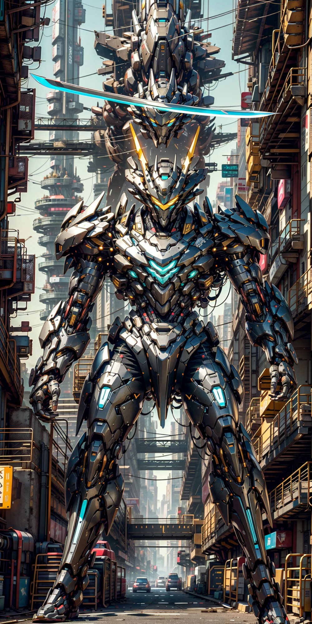 In the neon-lit streets of a cyberpunk metropolis, a Hi-Tech swordsman emerges as a beacon of futuristic prowess. Encased in a robotic suit of red and blue armor, he stands within a pulsating cocoon of yellow luminescence. The armor's intricate details reflect the advanced technology that defines this world.

At his side, a custom cyber-style sword gleams with an otherworldly radiance, its blade a fusion of artistry and advanced engineering. The streets behind him are awash in the vibrant glow of neon signs and holographic advertisements, painting a vivid backdrop to his enigmatic presence.

The image captures every gleam and glint in astonishing 4K Ultra HDR quality, enhancing the fine details of the cybernetic armor and the interplay of light and shadow in the urban setting. This scene encapsulates the essence of cyberpunk's high-tech aesthetics, delivering an image that seamlessly marries advanced technology with cutting-edge style.,mecha musume,robot, (blurry background),