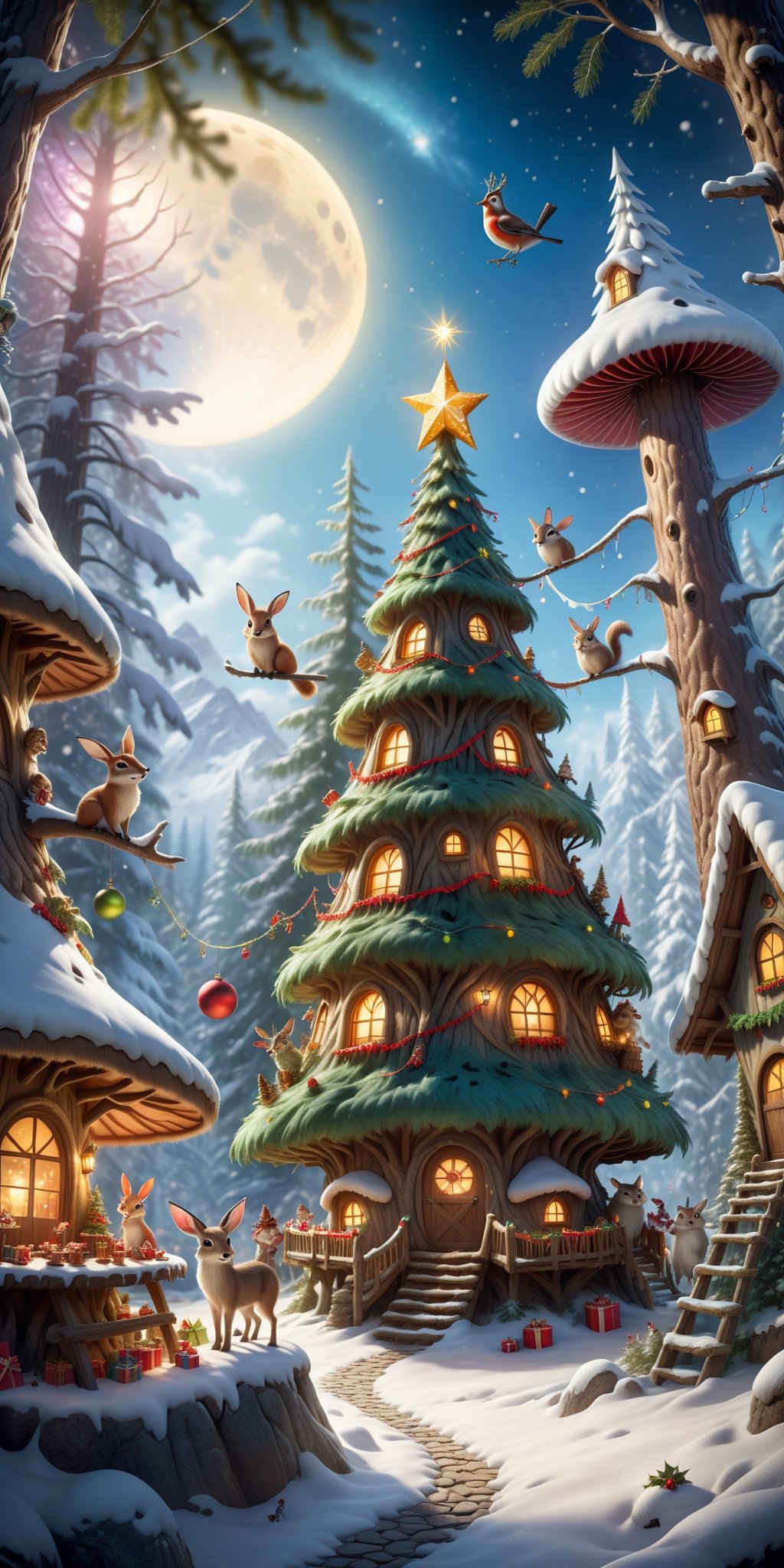 Craft an enchanting 16k Ultra HDR high-resolution image portraying an imaginary scene of a magical forest hosting a Christmas party. Picture beautiful creatures and animals celebrating amidst the enchanting surroundings. Infuse the image with a Christmas theme, creating a perfect and high-detailed fantasy-style masterpiece that captures the magical essence of the holiday season in this fantastical setting.