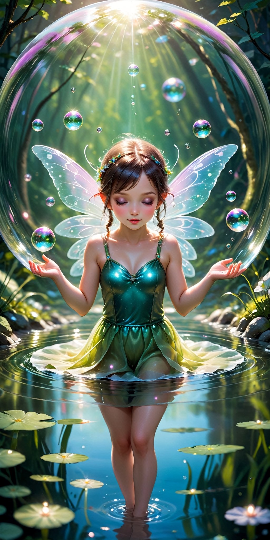Imagine a scene of enchantment featuring beautiful tiny mini fairies gracefully positioned inside glistening water bubbles. Encourage artists to capture the ethereal beauty of these magical beings against a captivating background, creating a visually stunning and whimsical image. This prompt invites the creation of a beautiful and mesmerizing scene that celebrates the delicate allure of fairies and the enchantment found within sparkling water bubbles.