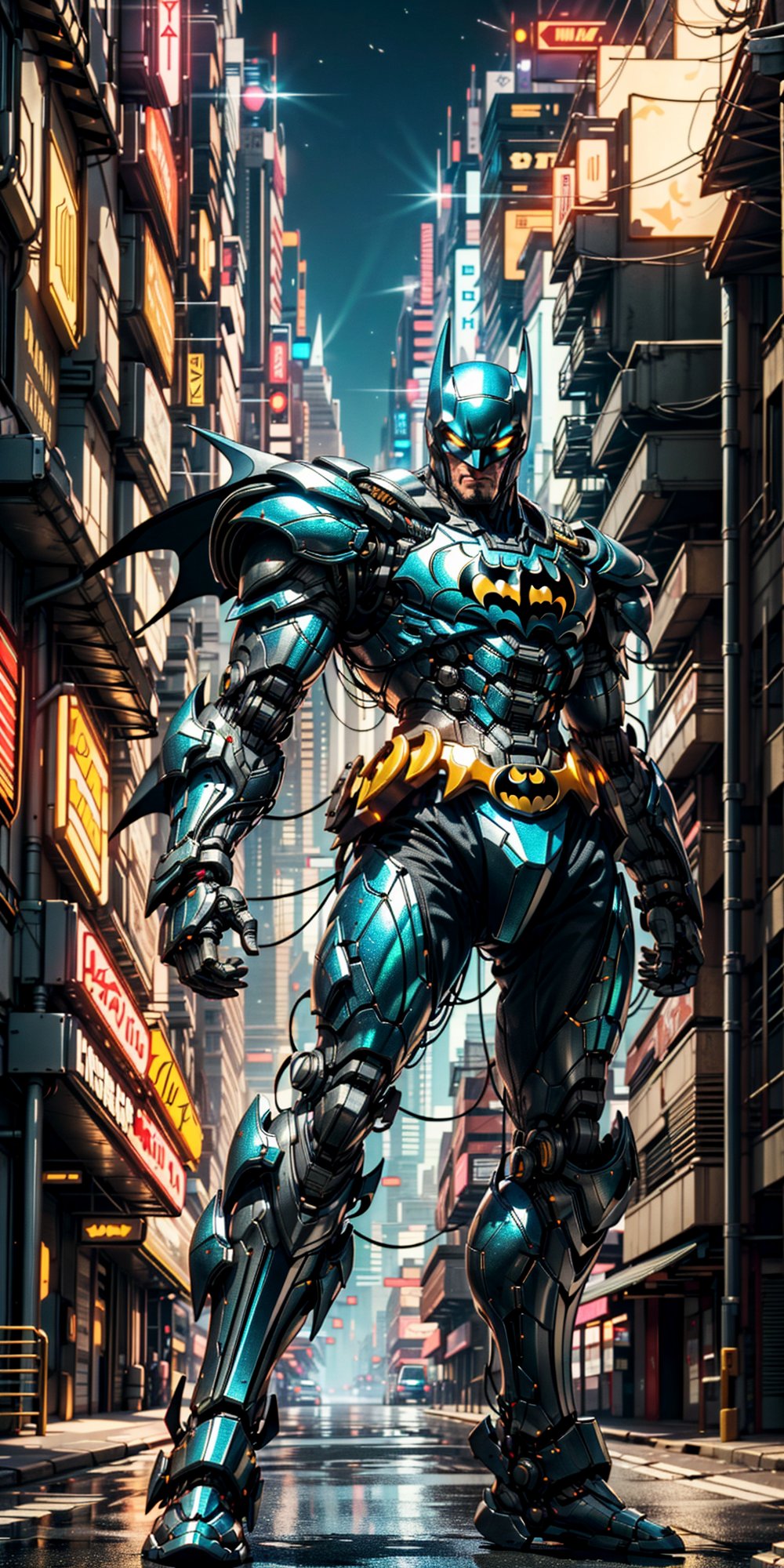 In the neon-lit streets of a cyberpunk metropolis, a Hi-Tech swordsman emerges as a beacon of futuristic prowess. Encased in a robotic suit of red and blue armor, he stands within a pulsating cocoon of yellow luminescence. The armor's intricate details reflect the advanced technology that defines this world.

At his side, a custom cyber-style sword gleams with an otherworldly radiance, its blade a fusion of artistry and advanced engineering. The streets behind him are awash in the vibrant glow of neon signs and holographic advertisements, painting a vivid backdrop to his enigmatic presence.

The image captures every gleam and glint in astonishing 4K Ultra HDR quality, enhancing the fine details of the cybernetic armor and the interplay of light and shadow in the urban setting. This scene encapsulates the essence of cyberpunk's high-tech aesthetics, delivering an image that seamlessly marries advanced technology with cutting-edge style.,mecha musume,robot, (blurry background), (high detailed image HDR quality), (32k HDR resolution quality), realistic mecha suit armour, (((batman style mecha armour))),perfecteyes, (((shining and polished armour))) 