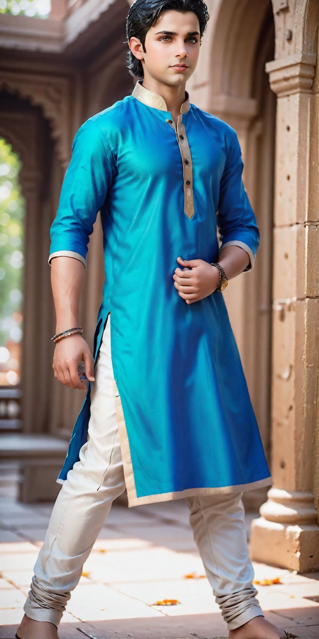 Bring to life the charm of a handsome, strong, and muscular boy with blue eyes and spiky black hair. Envision him showcasing a powerful personality while donned in stylish Indian attire—kurta pajama and matching male sandals. Capture his presence in a dynamic and stylish pose, aiming for a photographic cinematic photorealism. Encourage artists to focus on every intricate detail, ensuring a super high detailed and super realistic 32k Ultra HDR high-quality image masterpiece that magnificently portrays the allure of this charismatic young man.