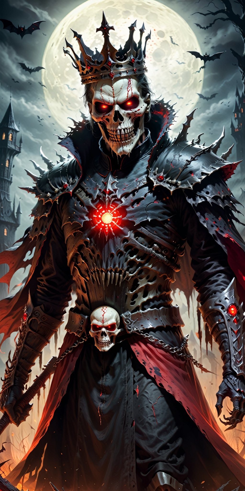 Craft a Halloween-style fantasy world image featuring a terrifying undead king with a skull face and glowing red eyes. Envision the king adorned in torn black and red dark clothes, wielding a deadly, sinister spiky weapon. Specify a dark fantasy-style atmosphere with chilling details, capturing the sinister essence of this undead monarch. Request a visually striking composition that blends the elements of horror and fantasy, creating a haunting masterpiece perfect for the Halloween theme