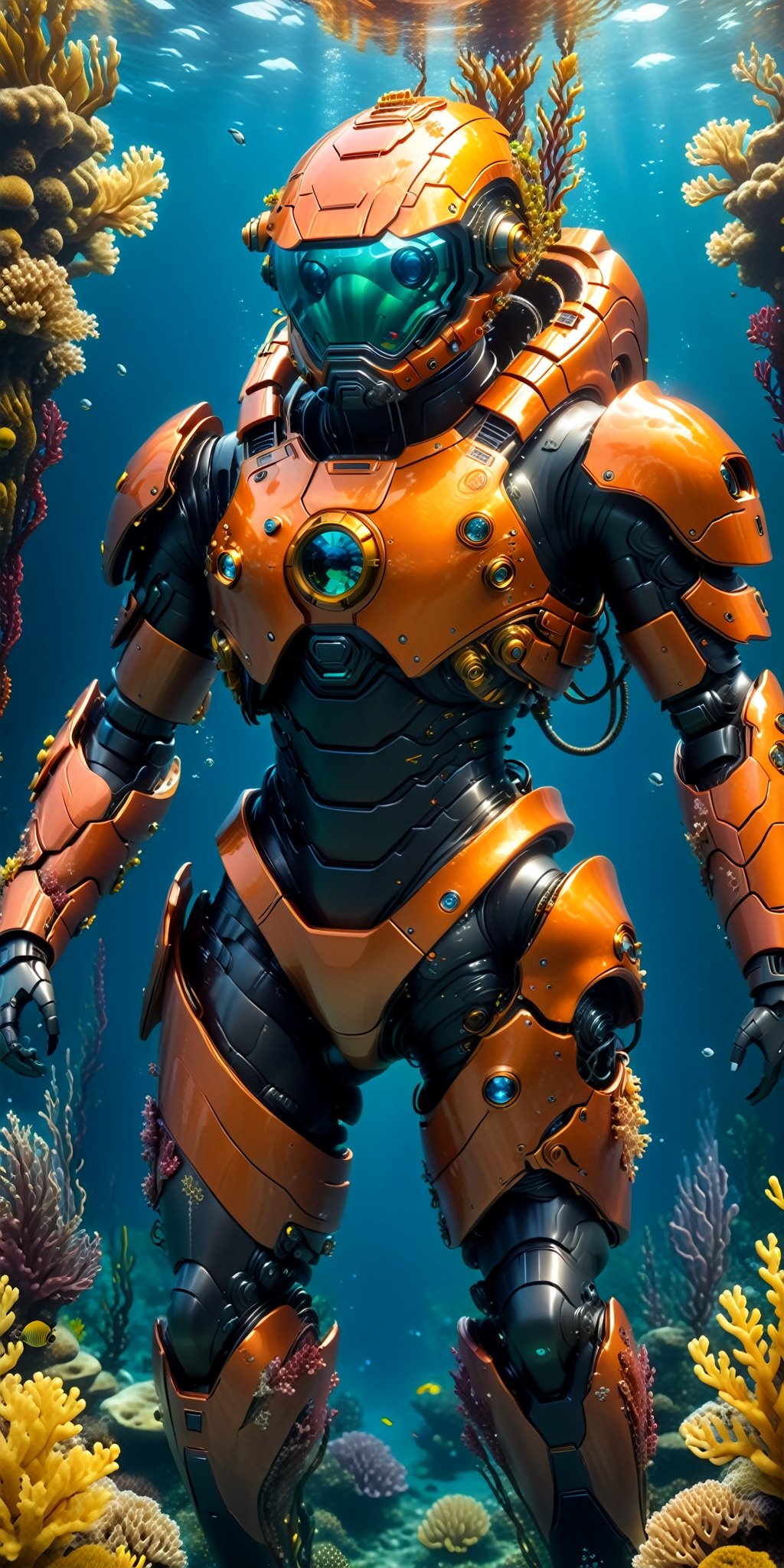 Generate an awe-inspiring image of a high-tech underwater armor suit surrounded by a stunning underwater scenery. The suit should look futuristic and cutting-edge, perfectly designed for underwater exploration. Surround the scene with magical underwater plants that emit a captivating and otherworldly glow, creating a visually striking and enchanting composition."
