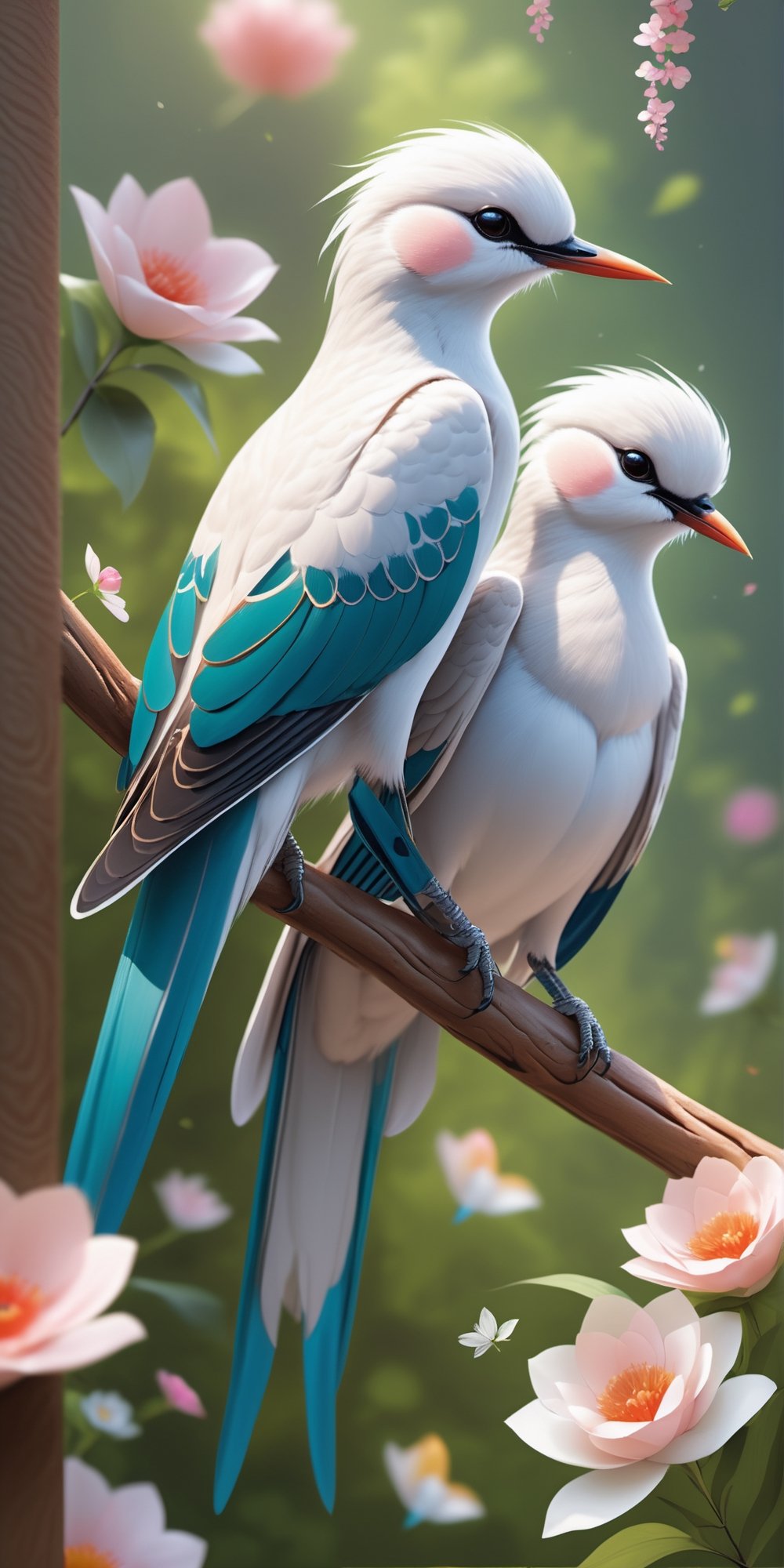 Capture the essence of love in the avian world with two beautiful and cute bird couples, their feathers intertwined as they perch together. This heartwarming scene invites artists to depict the tender connection and vibrant beauty of these feathered pairs in a delightful masterpiece.