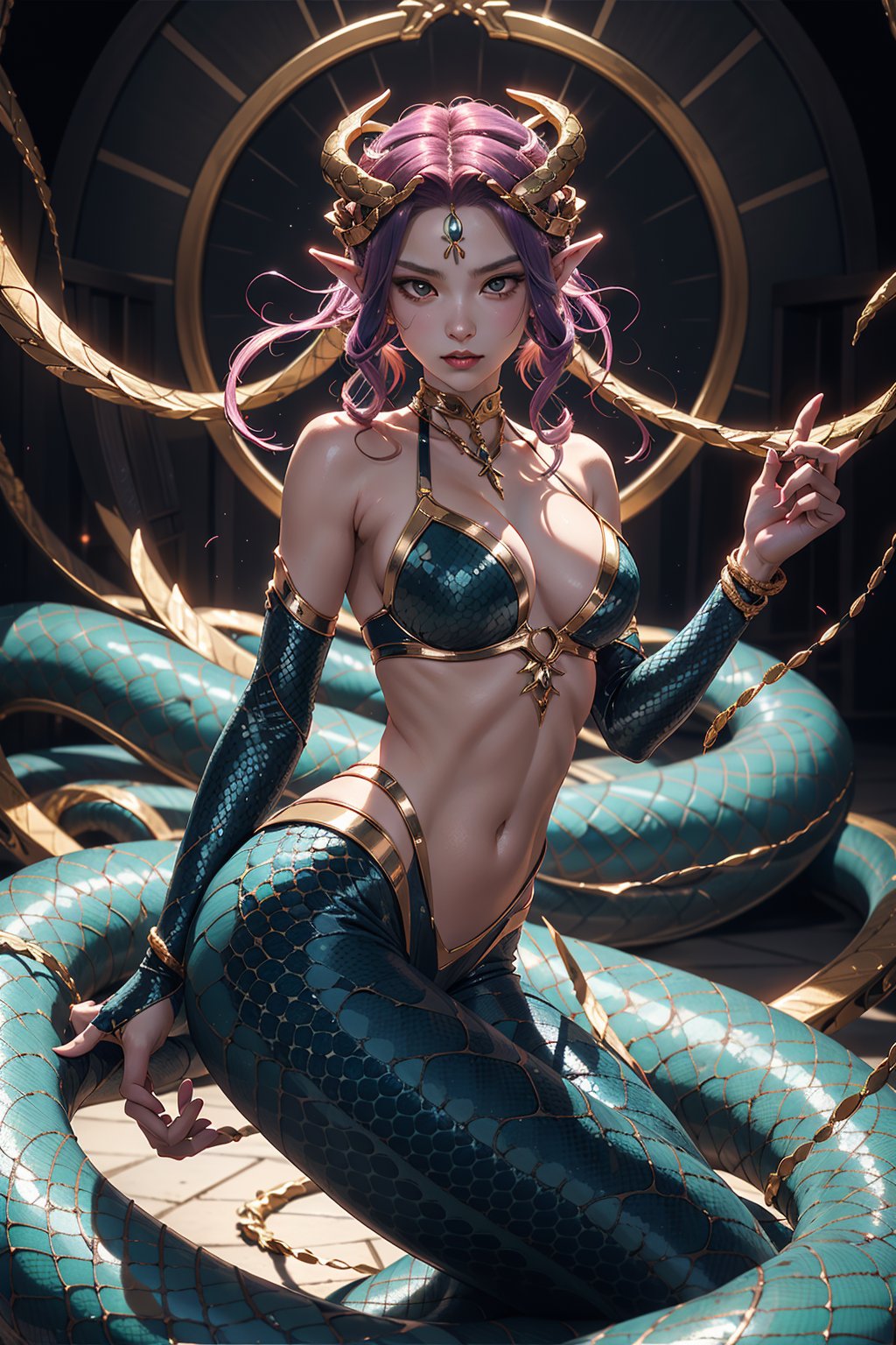 "Craft an anime-style depiction of a Medusa Lamia, blending the serpentine grace of a lamia with the alluring yet dangerous aura of Medusa, creating a mesmerizing and unique character."