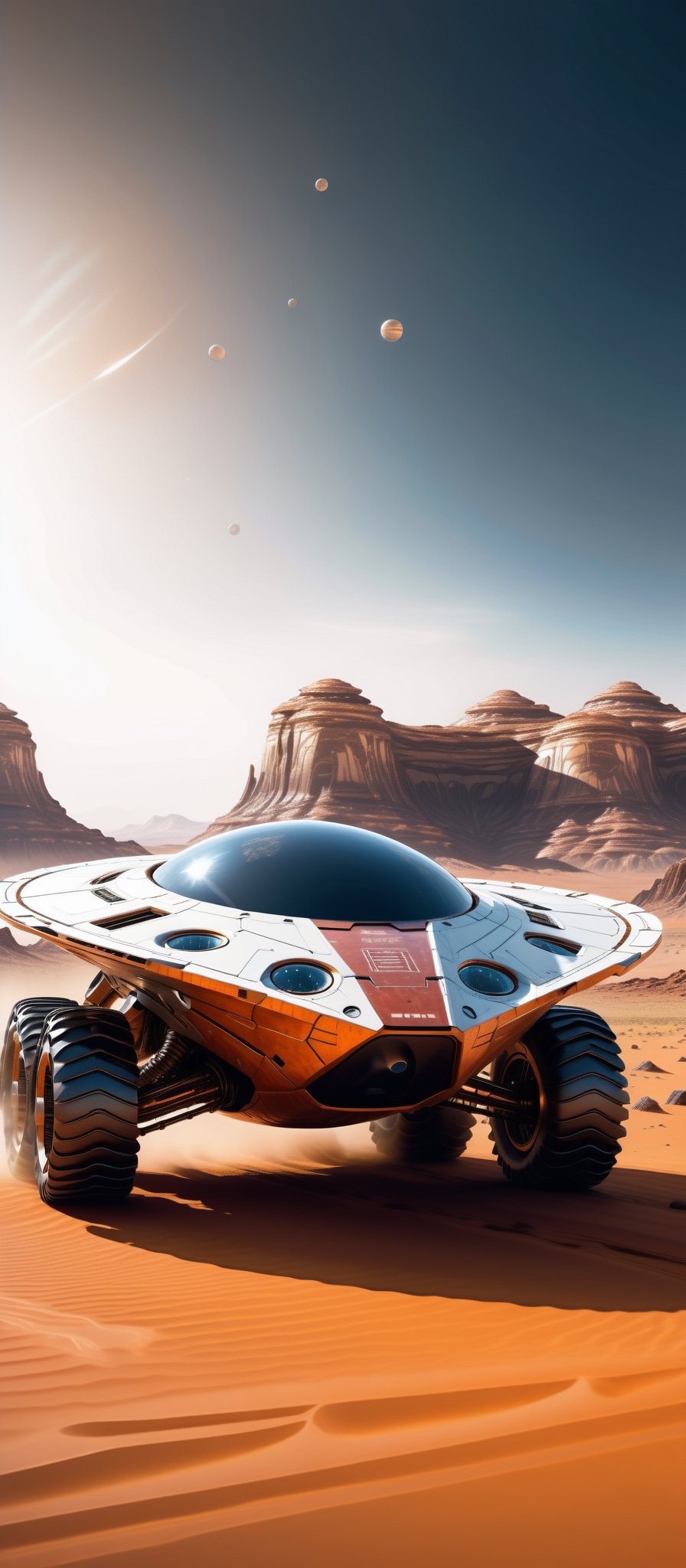 Imagine and create a captivating image of a futuristic space car gracefully traversing the Martian surface. Illuminate this scene with Hi-Tech elements, glowing features, and a super realistic aesthetic. Request a 32k ultra HDR resolution for a high-quality masterpiece that immerses viewers in the marvel of a space vehicle exploring the red planet.