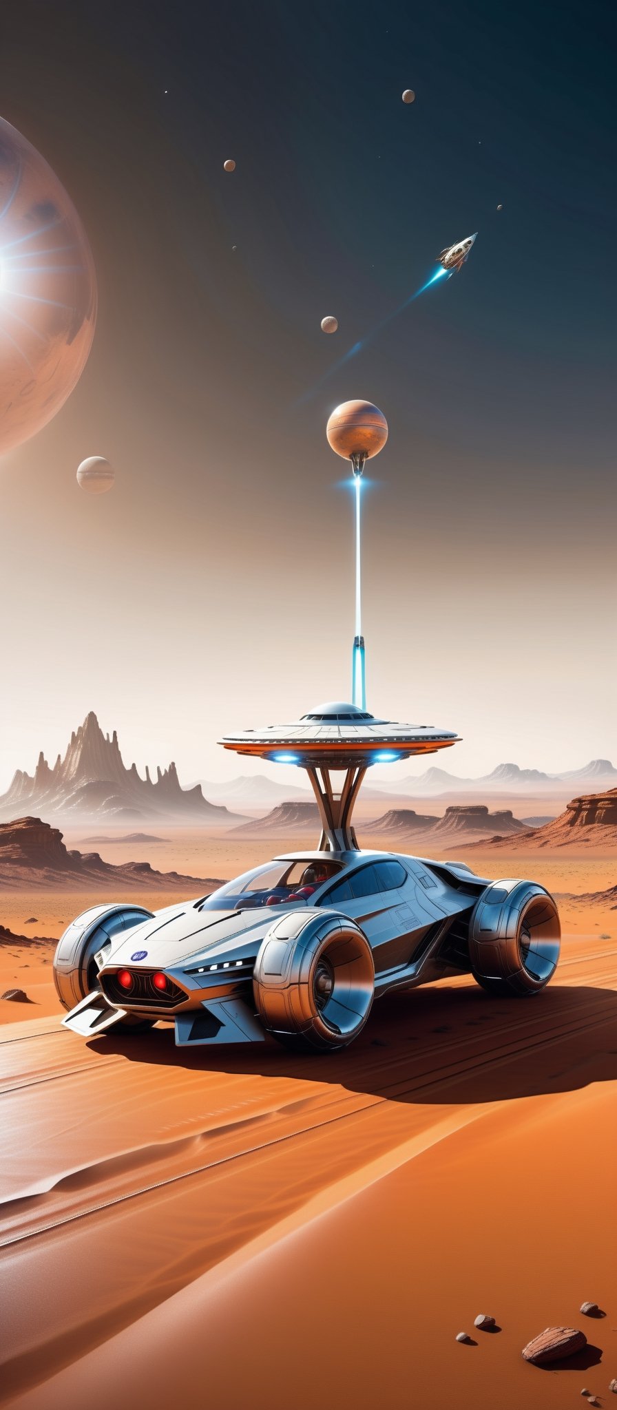 Imagine and create a captivating image of a futuristic space car gracefully traversing the Martian surface. Illuminate this scene with Hi-Tech elements, glowing features, and a super realistic aesthetic. Request a 32k ultra HDR resolution for a high-quality masterpiece that immerses viewers in the marvel of a space vehicle exploring the red planet.