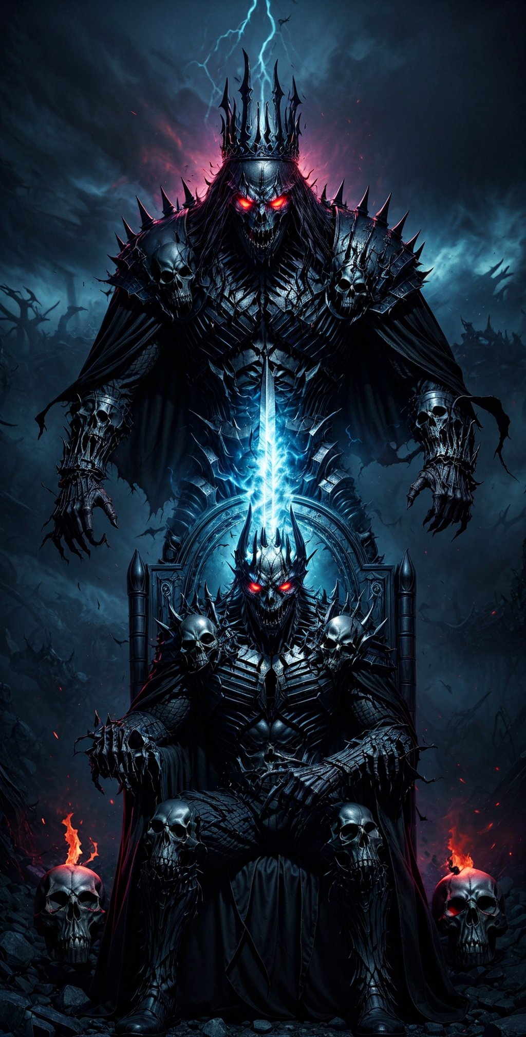  a perfect scary image of a dark and malevolent king:

"Generate a spine-chilling and nightmarish visual representation of a sinister and malevolent Dark King. This malevolent figure possesses a skull-like face with sunken, hollow eyes that burn with a malevolent, glowing red light. His smile is twisted with pure evil.

The Dark King is clad in a dark and rugged suit of armor that exudes an aura of dread and malevolence. Dark smoke billows ominously from his very being, creating an eerie and unsettling atmosphere around him.

In his powerful grasp, he holds a dark demon sword with an eerie black aura that seems to consume all light. The sword is a symbol of his malevolent power and authority.

Seated upon a throne crafted from the bones of the fallen, the Dark King radiates a sense of dread and dominance. The throne itself is an ominous testament to his reign of terror.

The background is engulfed in an eerie, purplish flame that casts eerie shadows and adds to the haunting ambiance.

This image captures the essence of a terrifying and formidable Dark King, a figure of darkness and fear." 