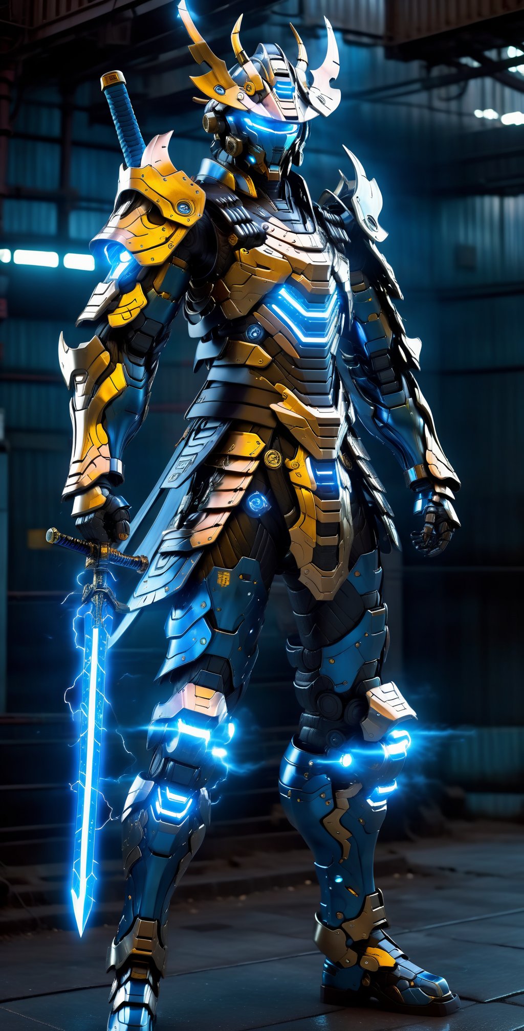 A Hi-Tech cyberpunk style blue black samurai suit, Custom design, shining body, glowing look, full shining suit, body, hues.,steampunk style,cyberpunk style,mecha, perfect custom Hi-Tech suit, holding glowing lightning sword, weapon master, 