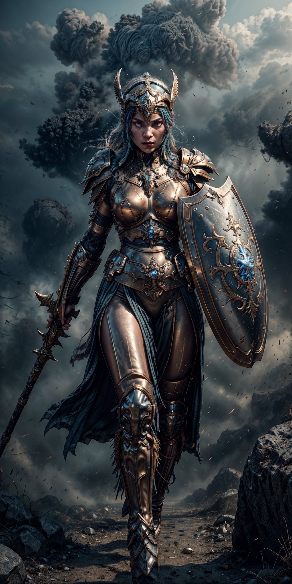 "Create a CG masterpiece with the best quality and stunning detail. It features Athena, the goddess of wisdom, holding a shield in her left hand, a spear in her right hand, adorned with a helmet and armor. She's in an attacking pose, standing amidst a dusty battlefield with a dark background. Please generate an 8K resolution wallpaper that captures this epic scene." (Perfect face), photographic cinematic super super high detailed super realistic image, 4k ultra HDR quality image, (masterpiece 1.2)
