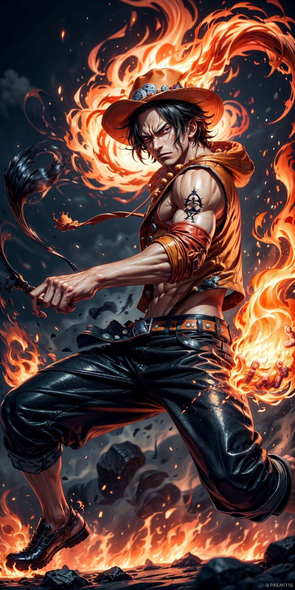 Create the iconic One Piece character, Portgas D. Ace:

"Visualize the legendary Portgas D. Ace, a prominent character from the One Piece anime. He possesses a lithe and muscular physique, reflecting his formidable strength.

Ace is clad in his signature attire, wearing a stylish hat that adds to his iconic appearance. His defining ability is his mastery over fire, and his hands should be ablaze with flickering flames, showcasing his power to manipulate fire at will.

Set him against a background of raging fire, with flames dancing in the backdrop, creating an inferno-like atmosphere. The flames should emphasize his fiery abilities and his unwavering resolve.

Capture this image to pay homage to Portgas D. Ace's character, showcasing his powerful presence and his association with the element of fire, a central theme in his story arc within the One Piece series." ((Perfect face)), ((perfect hands)), ((perfect body)), [perfect image of Portgas D. Ace(one piece anime character)]