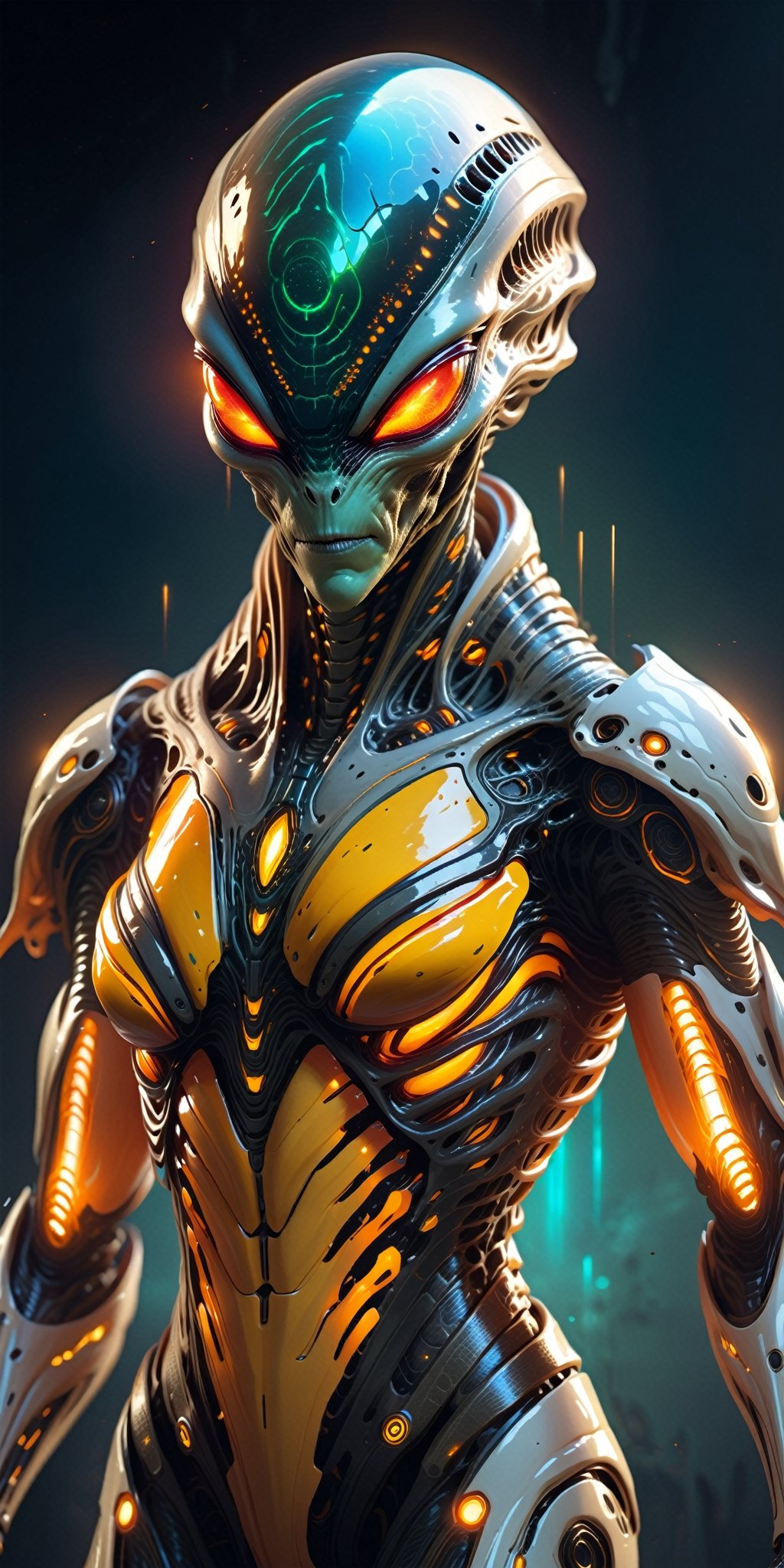 Create a spine-chilling image of an alien creature adorned in Hi-Tech biometric glowing armor, radiating a deadly and intimidating aura. Showcase the alien's otherworldly features and cutting-edge technology, resulting in a mesmerizing and frightening visual narrative. ((Full body)), 