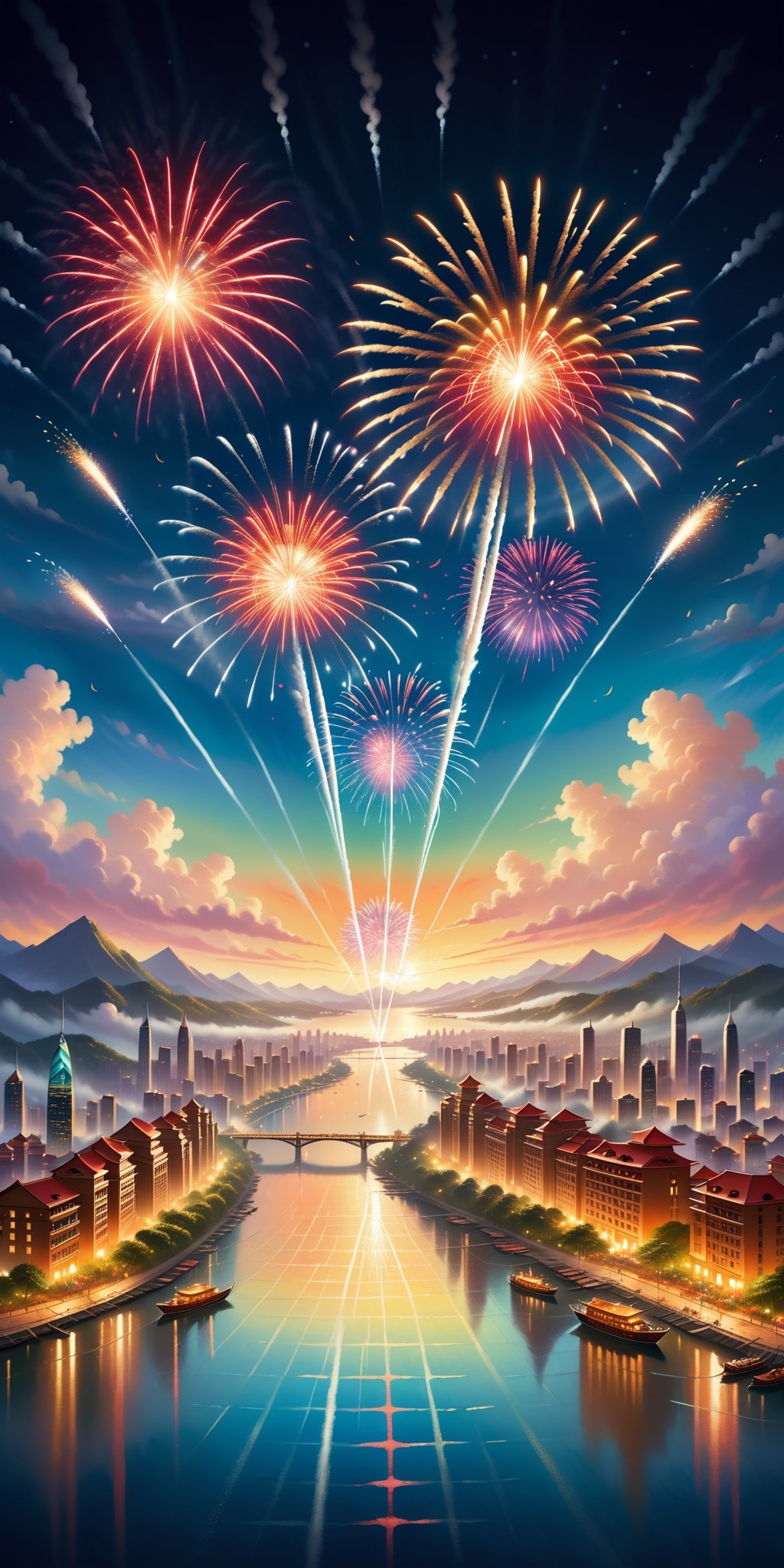 Bring to life an enchanting scene heralding the arrival of New Year 2024. Picture a panoramic view featuring a dazzling display of fireworks painting the night sky in vivid hues, lively celebrations with people rejoicing, and a backdrop that captures the essence of hope and new beginnings. Craft a visually stunning image that encapsulates the spirit of joy, anticipation, and the promise of a remarkable journey into the year 2024.