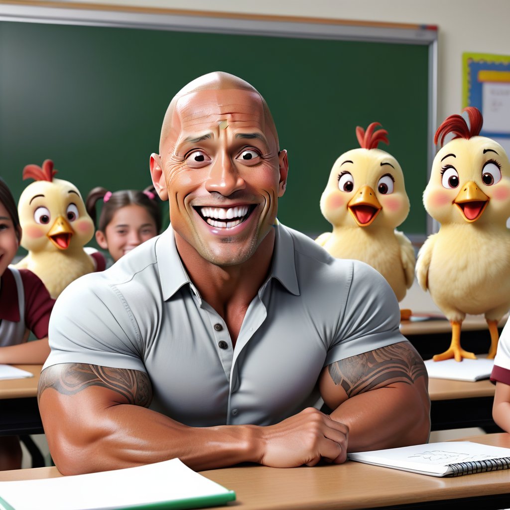 Dwayne Johnson with smile very big funny head and very short tiny body and wearing school unifarm and two poni tails  on his head ,sitting in class room faceing students white board in her background, and chick image in whiteboard, 32k, 3d render, hd, highlidetailed