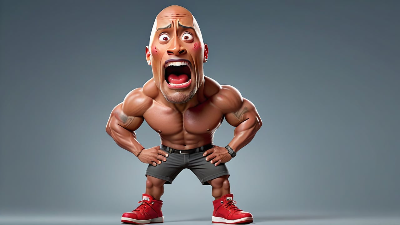 Dwayne johnson is runny with his big head and big face and tiny legs wearing red shoesis a very funny way with big head and face and tiny body intence scared expression , 32k , hd, fhd, 3d render, highly reaulustion.,3d pixarstyle