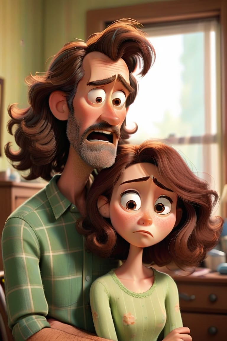 Depict the wife with long, unkempt hair asking her husband for a new comb. The husband should look apologetic and sad as he explains he cannot afford it.
Style: Pixar-style, with soft, warm colors to convey their loving relationship despite hardship.