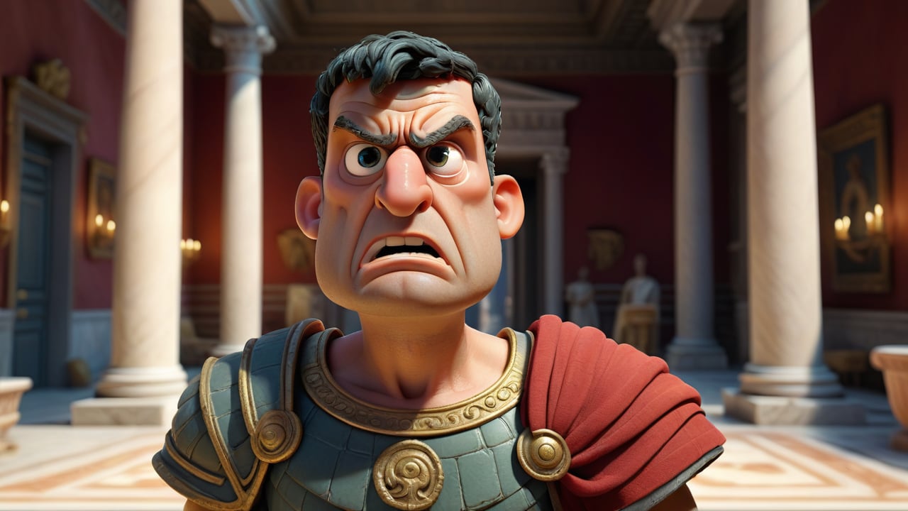 Octavian(roman leader) standing in his palace yaard he look so angry, 3d render, pixar style