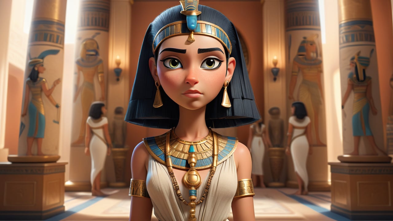 Illustrate Cleopatra as a young woman standing confidently in a beautifully decorated room with Egyptian motifs. She is dressed in regal attire and speaking to foreign dignitaries from Greece and Rome, showing her intelligence and charm in an elegant setting , 3d render, pixar style