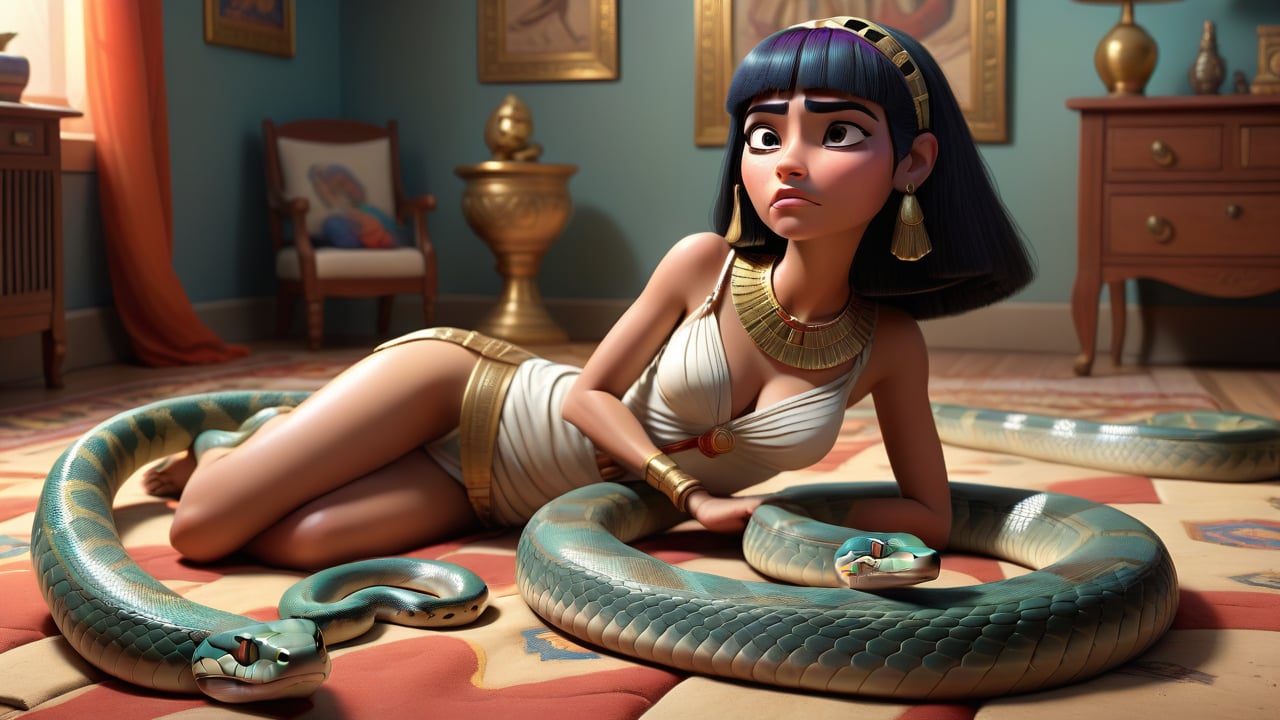 Cleopatra lying dead on the ground in her bedroom and snake crawling ariund her , 3d render ,pixar style.